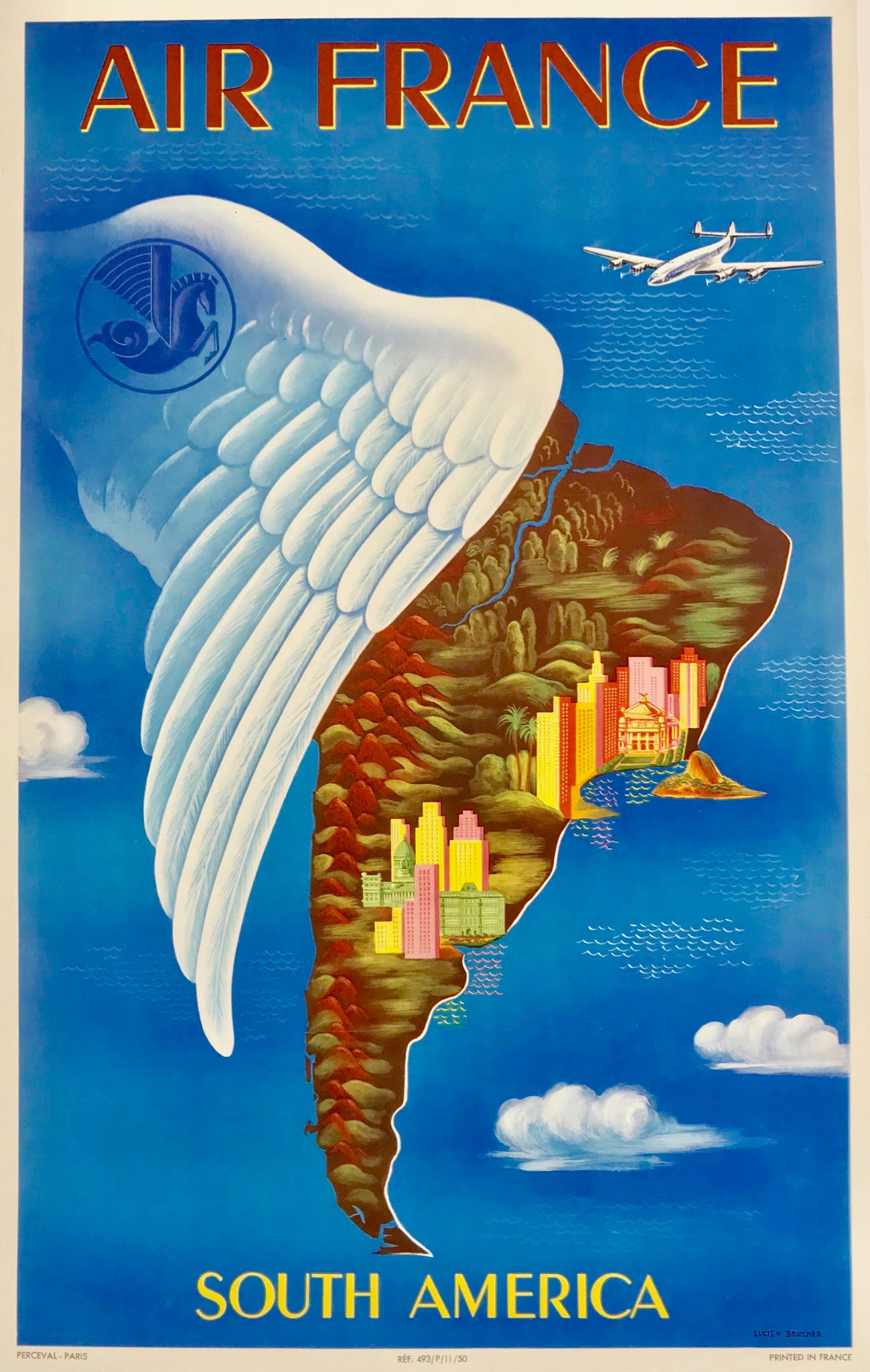Affiche ancienne d'Air France - South America, Par Lucien Boucher - 1950