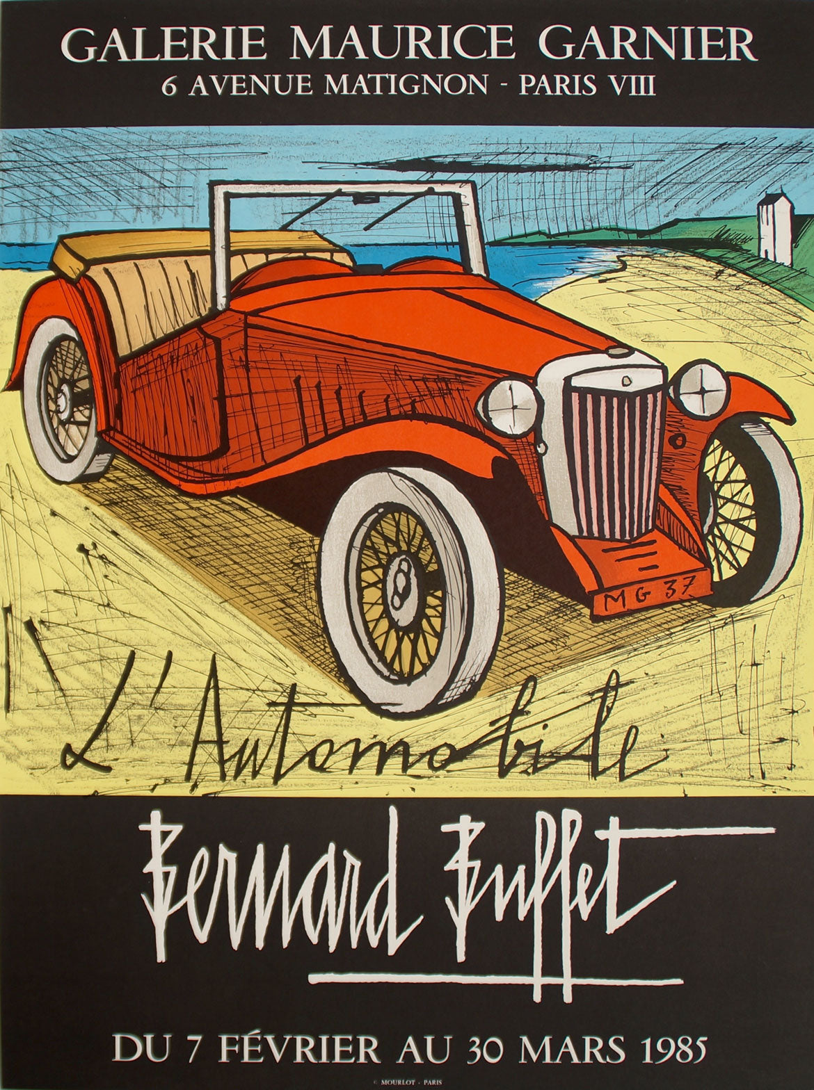 Affiche lithographie de 1985 pour l’exposition « l’automobile » de Bernard Buffet  à la Galerie Maurice Garnier, Paris, du 7 Fevrier au 30 Mars 1985