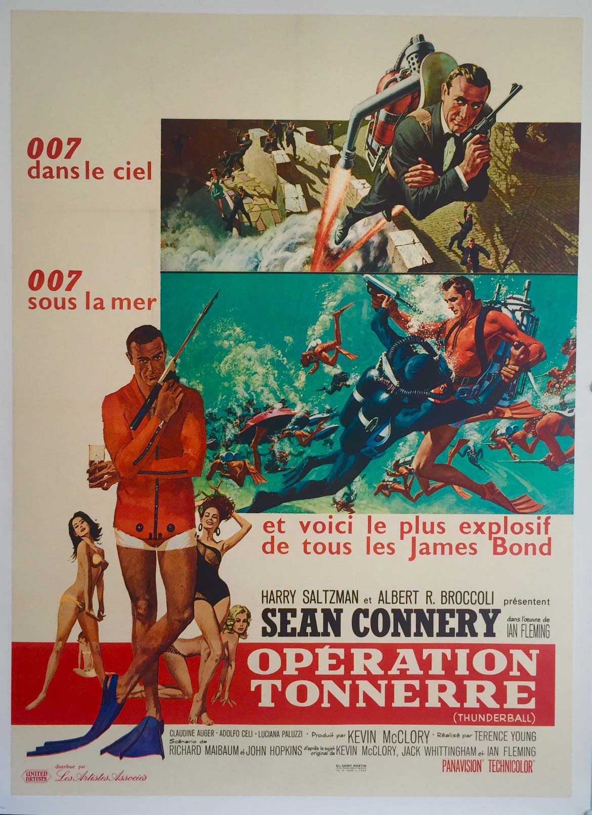Affiche ancienne de Cinéma James Bond pour le film Opération Tonnerre (thunderball)  avec Sean Connery distribuée par les artistes associés.  United artists.  Le plus explosif de tous les James Bond.