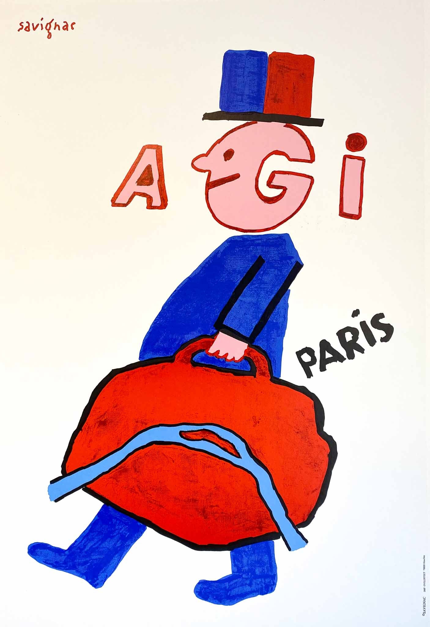 Affiche Vintage Agis - Paris Par Raymond Savignac, 1990       Superbe affiche très décorative, du célèbre affichiste Français, Raymond Savignac.  Savignac était une figure éminente de la scène de l'art et de l'affiche à Paris,  du milieu des années 50 jusqu'à sa mort en 2002.