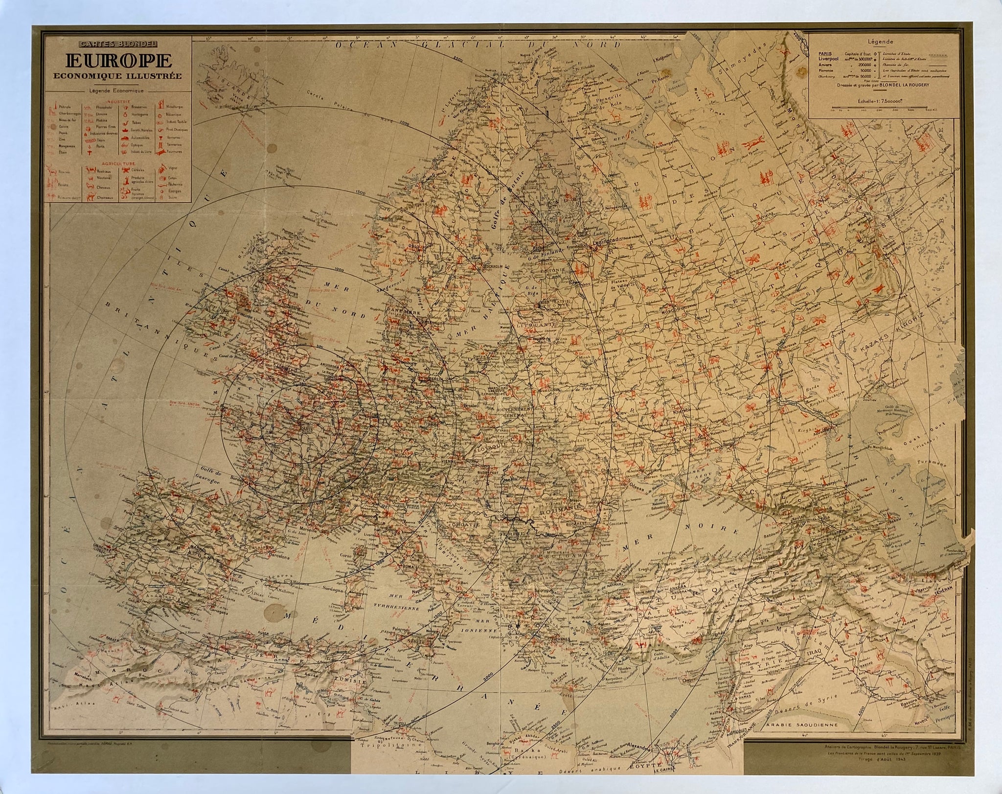 Carte ancienne de l'Europe économique par Blondel la Rougery, 1943