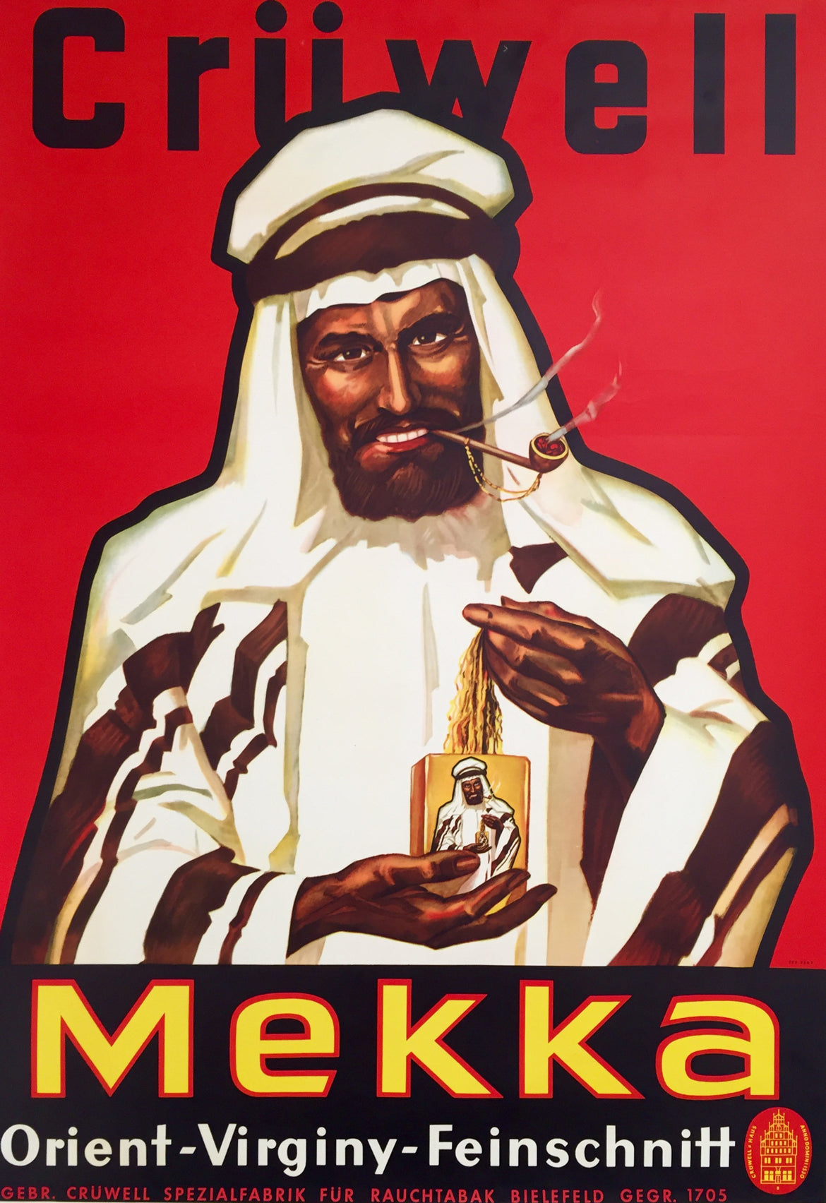 Affiche publicitaire pour le tabac à fumer Mekka Crüwell  " Orient- Virginy- Feinschnitt " c-1930