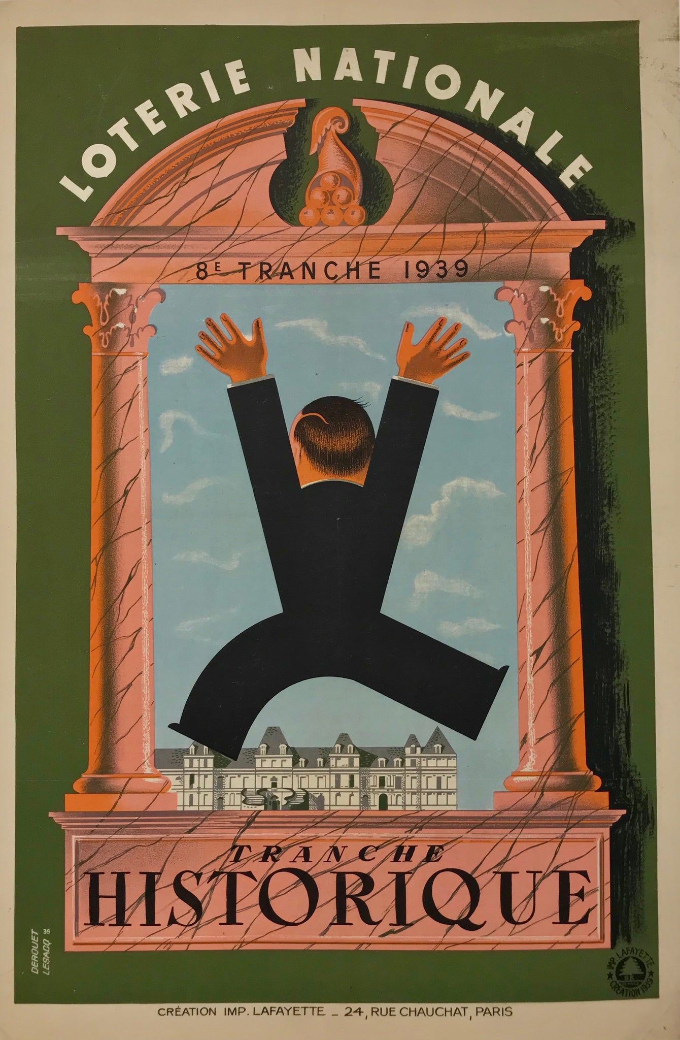 Affiche Vintage original - Loterie Nationale  Tranche historique Par Derouet Lesacq, 1939