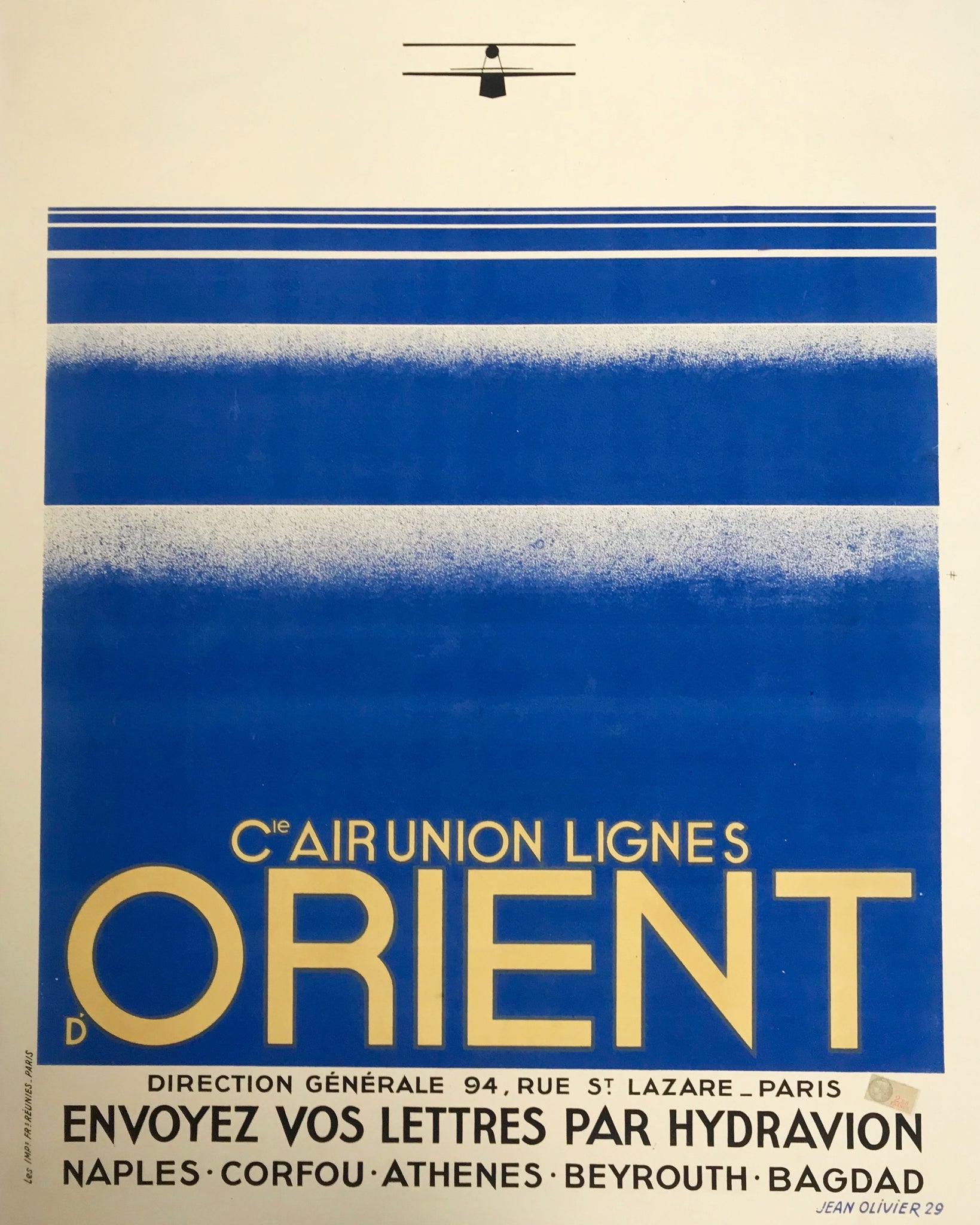 Affiche  compagnie Air Union lignes d'orient Par Jean Olivier, 1929