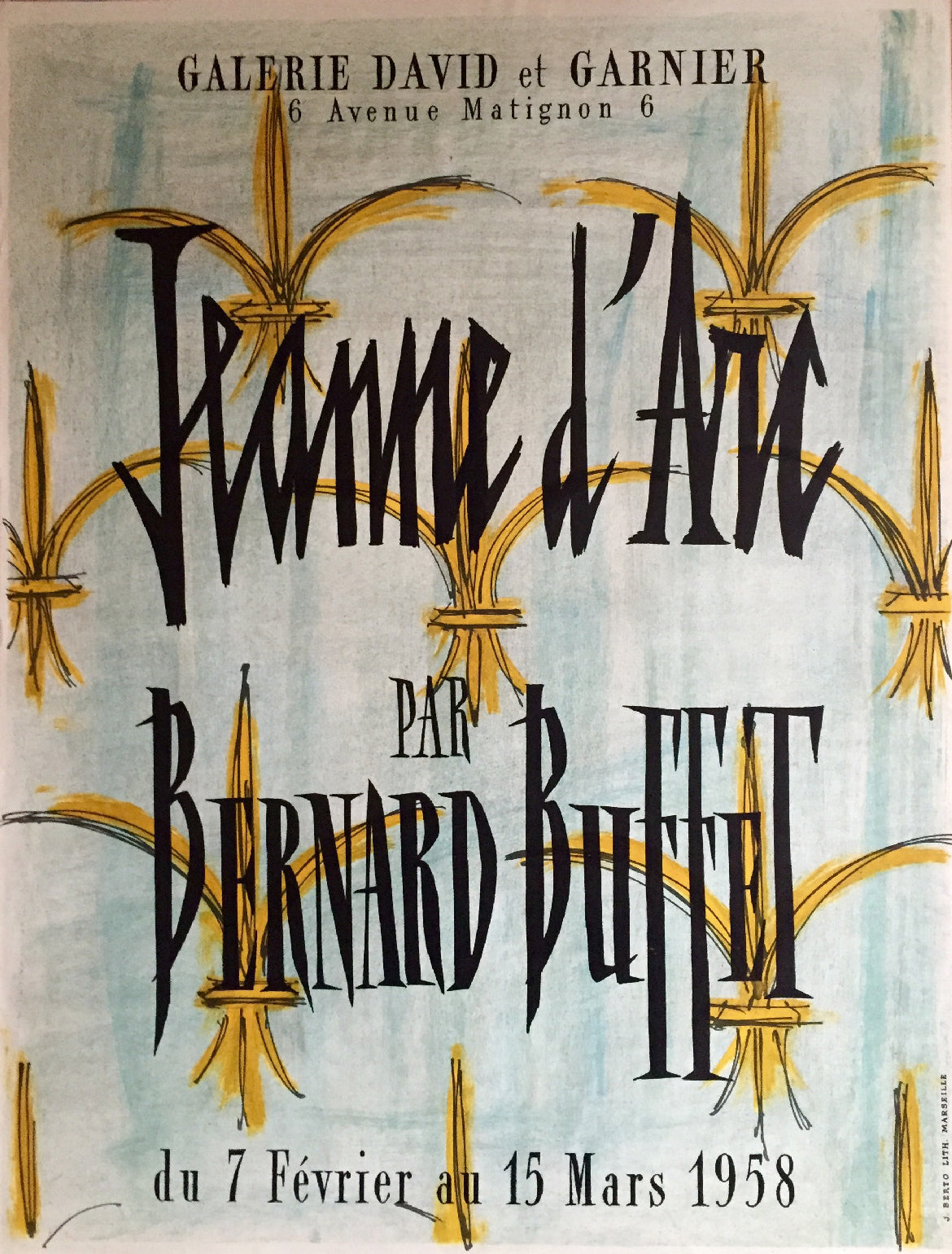 Affiche pour la galerie David et Garnier,  Exposition sur Jeanne d'Arc vue par l'artiste Bernard Buffet.  Du 7 février au 15 mars 1958.