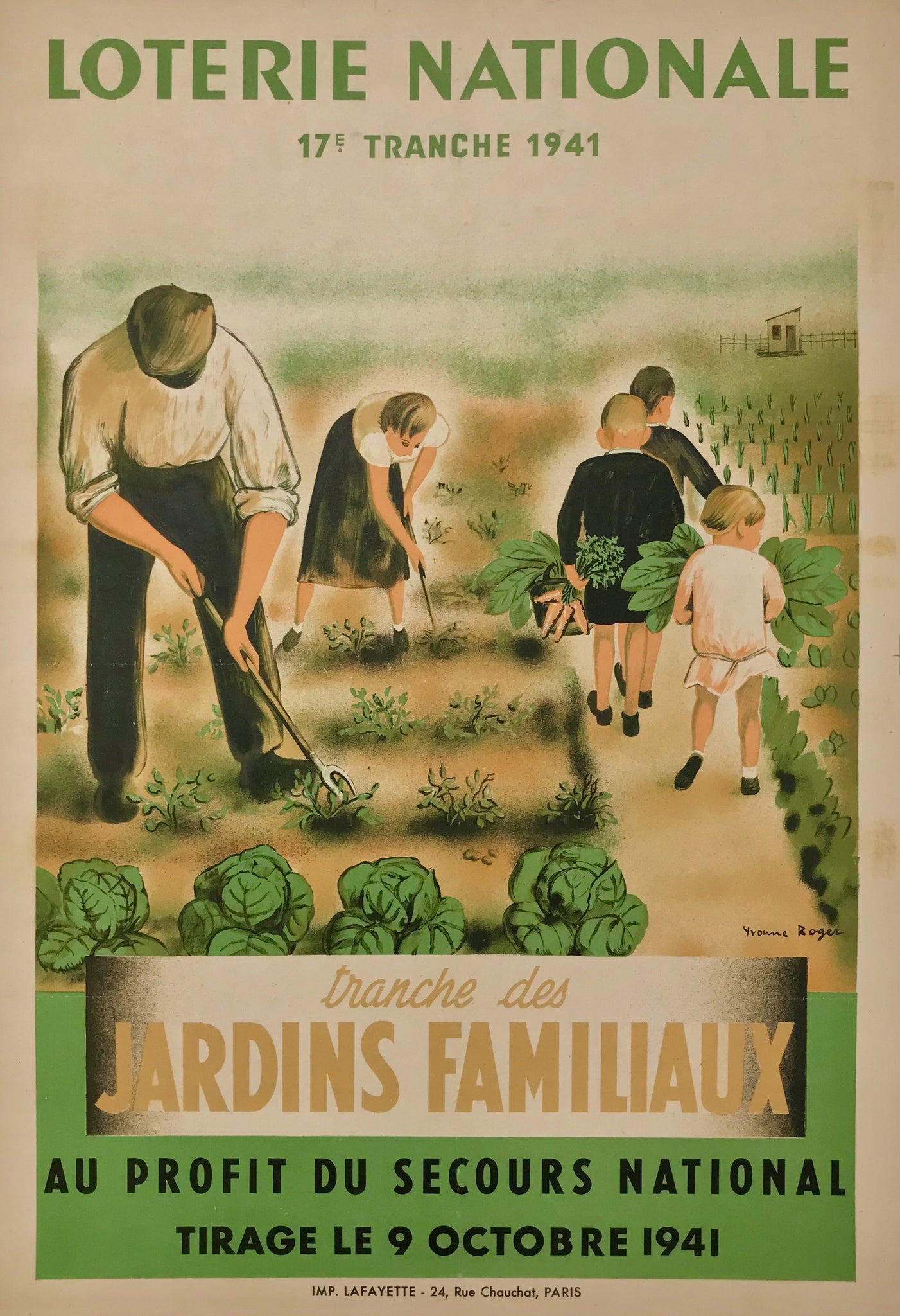 Affiche Originale Loterie Nationale  Tranche des Jardins Familiaux Par Yvonne Roger, 1941