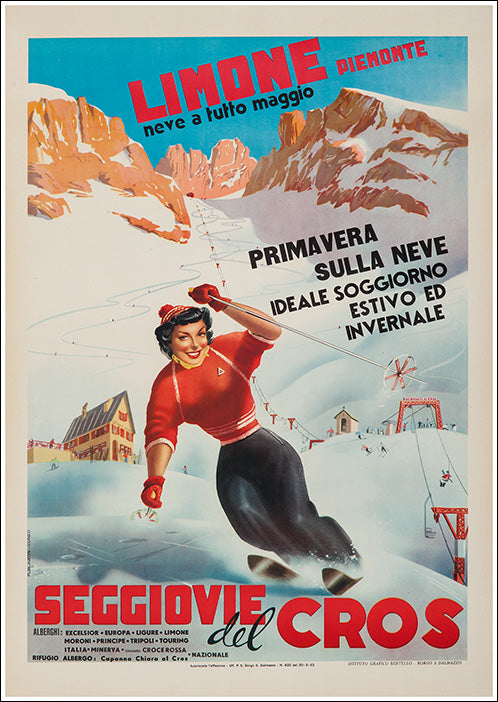 Affiche ancienne Sport d'hiver Seggiovie Del Cros - Limone Piemonte Par Carlo Prandani, 1953
