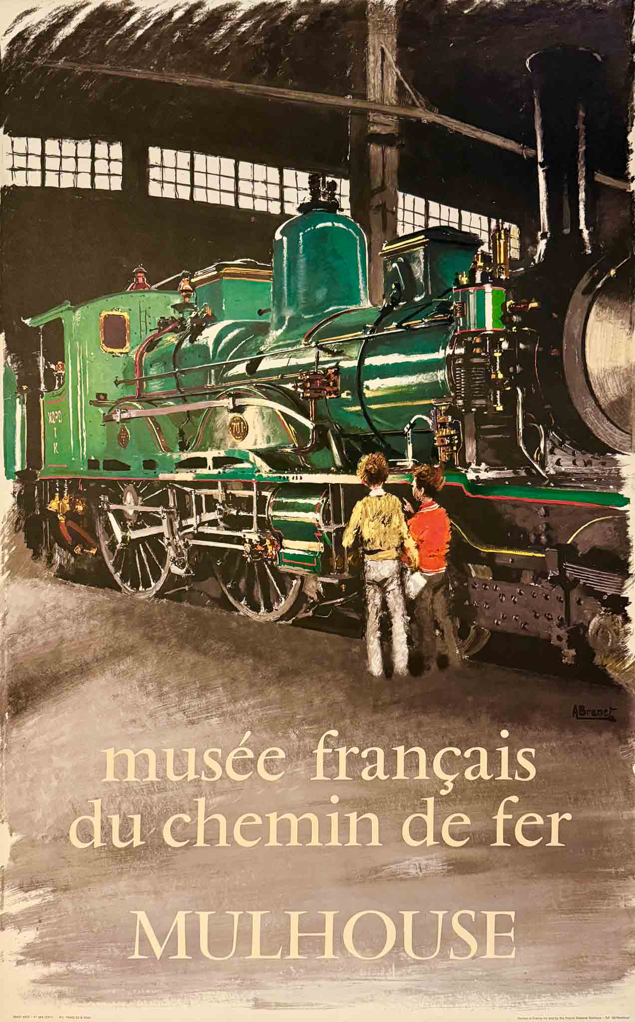 Affiche Musée Français du Chemin de Fer à Mulhouse (1972), par Albert Brenet. Représentation d'une locomotive dans un hangar.