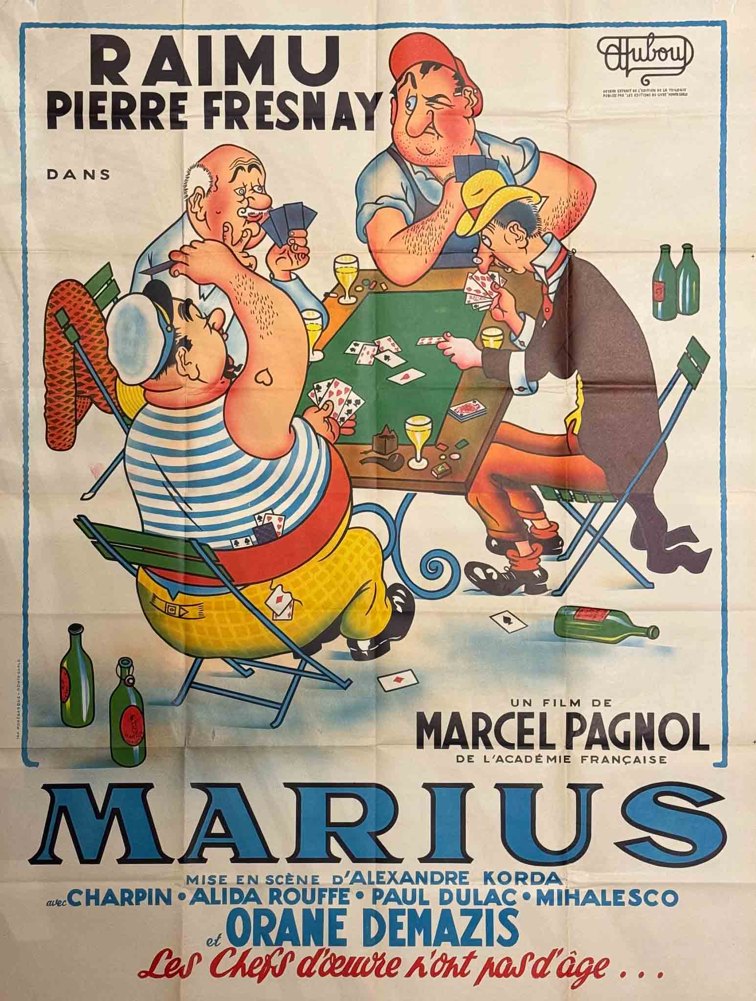 Affiche lithographique "Marius" (1932), premier film de Marcel Pagnol, dessinée par Dubout, imprimée par Imprimerie Monégasque Monte-Carlo.