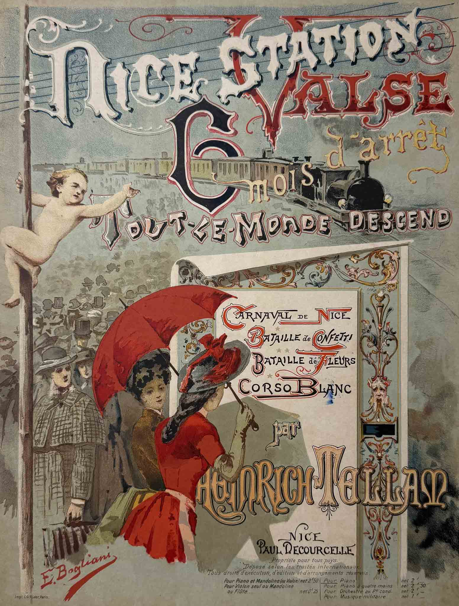 Affiche vintage Nice Station Valse pour le Carnaval de Nice, illustrée par E. Bogliano, 1900.