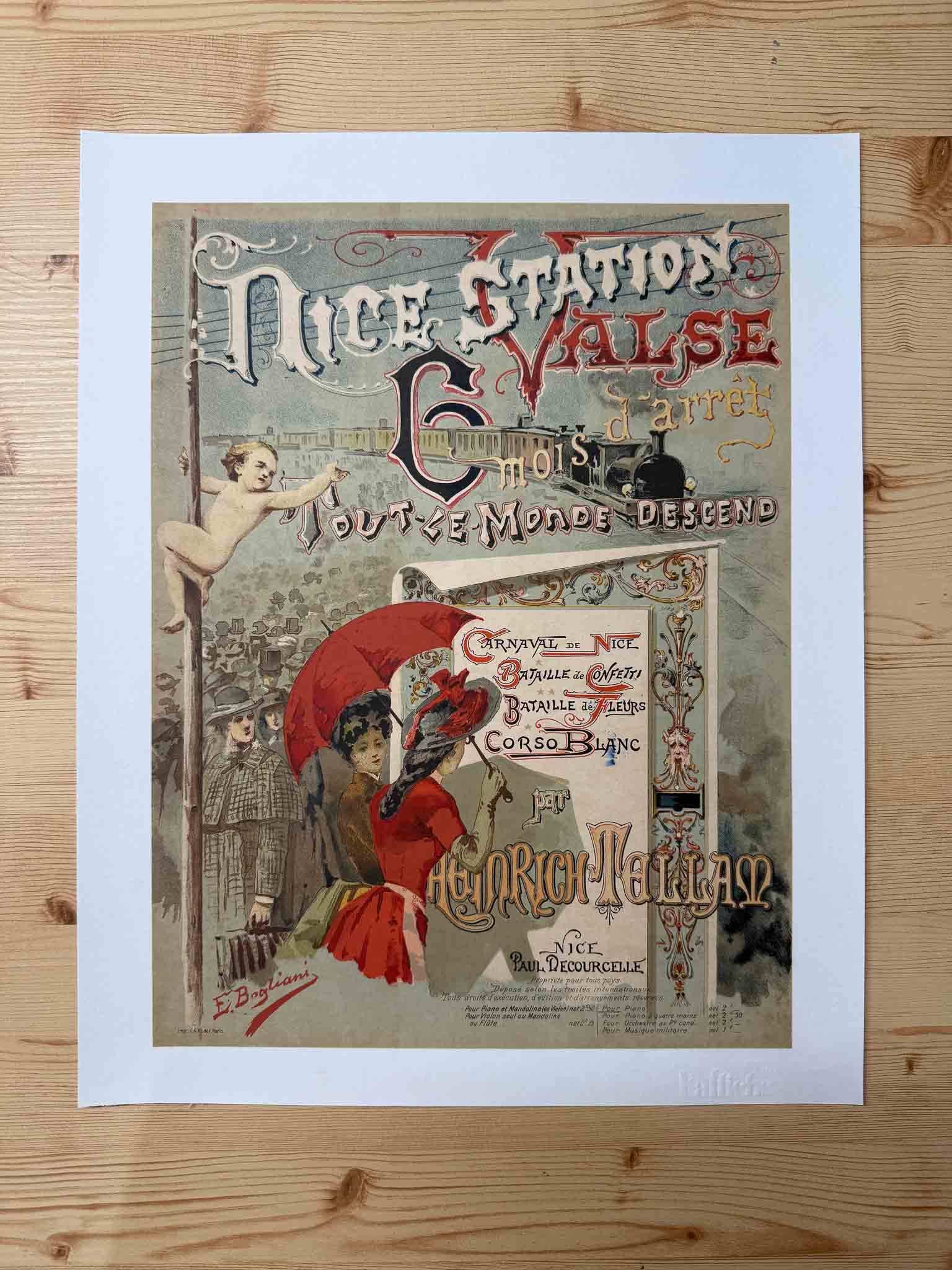 Affiche Lithographique Nice Station - Valse pour Piano - Carnaval de Nice - Enrico Bogliani 1890