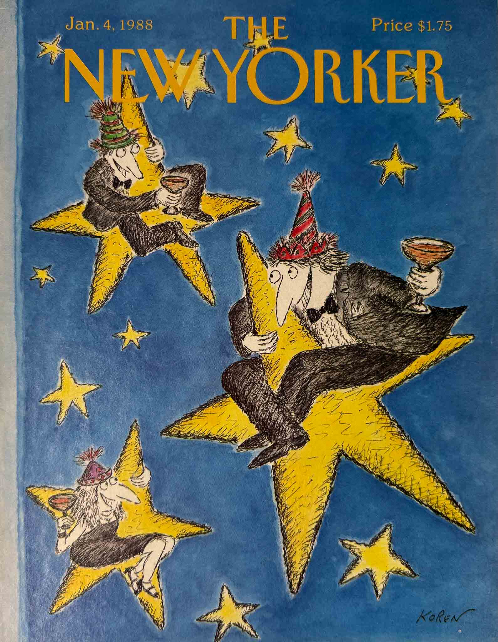 Affiche The New Yorker - Couverture du 4 janvier 1988 par Koren, personnages festifs sur des étoiles jaunes dans un ciel bleu.