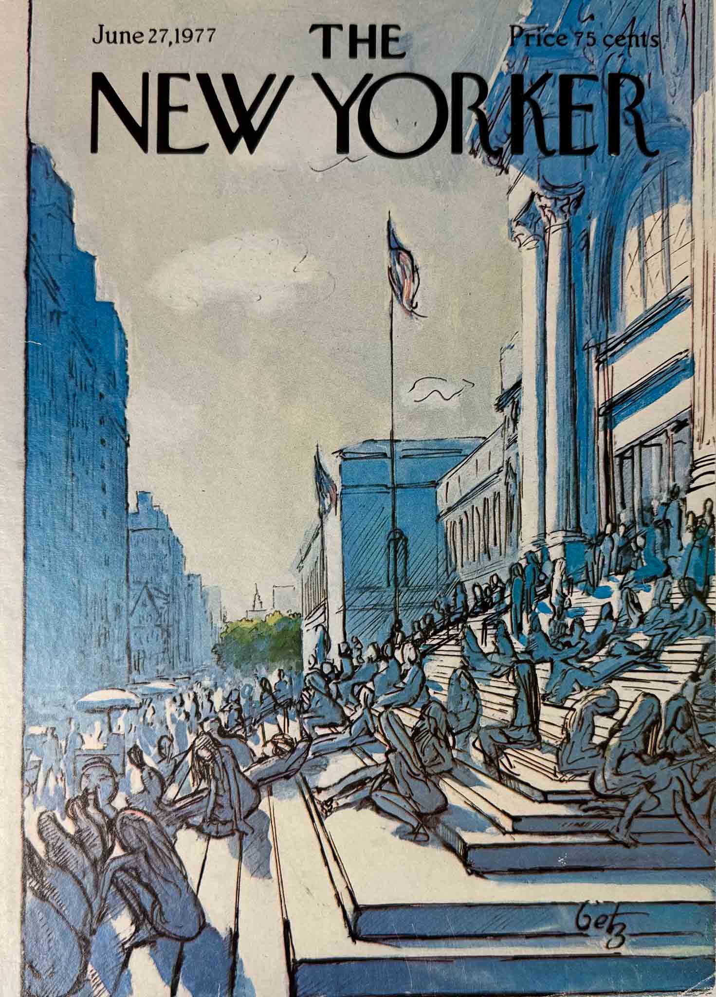 Affiche The New Yorker - Couverture du 27 juin 1977 par Arthur Getz. Illustration rétro de New York avec une scène animée sur des marches iconiques.