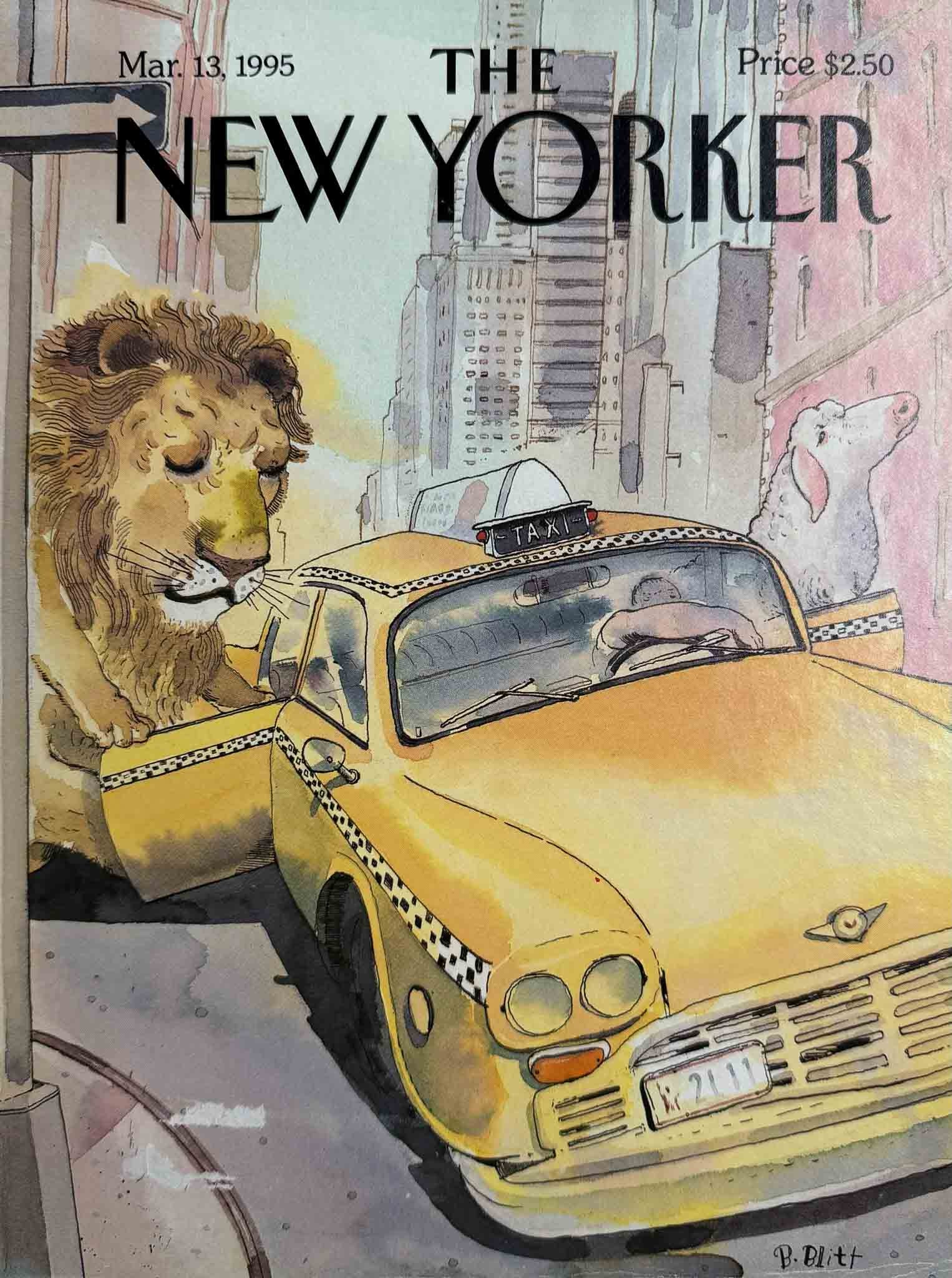 Affiche The New Yorker - Couverture du 13 mars 1995. Illustration par Barry Blitt d’un lion montant à bord d’un taxi jaune new-yorkais.