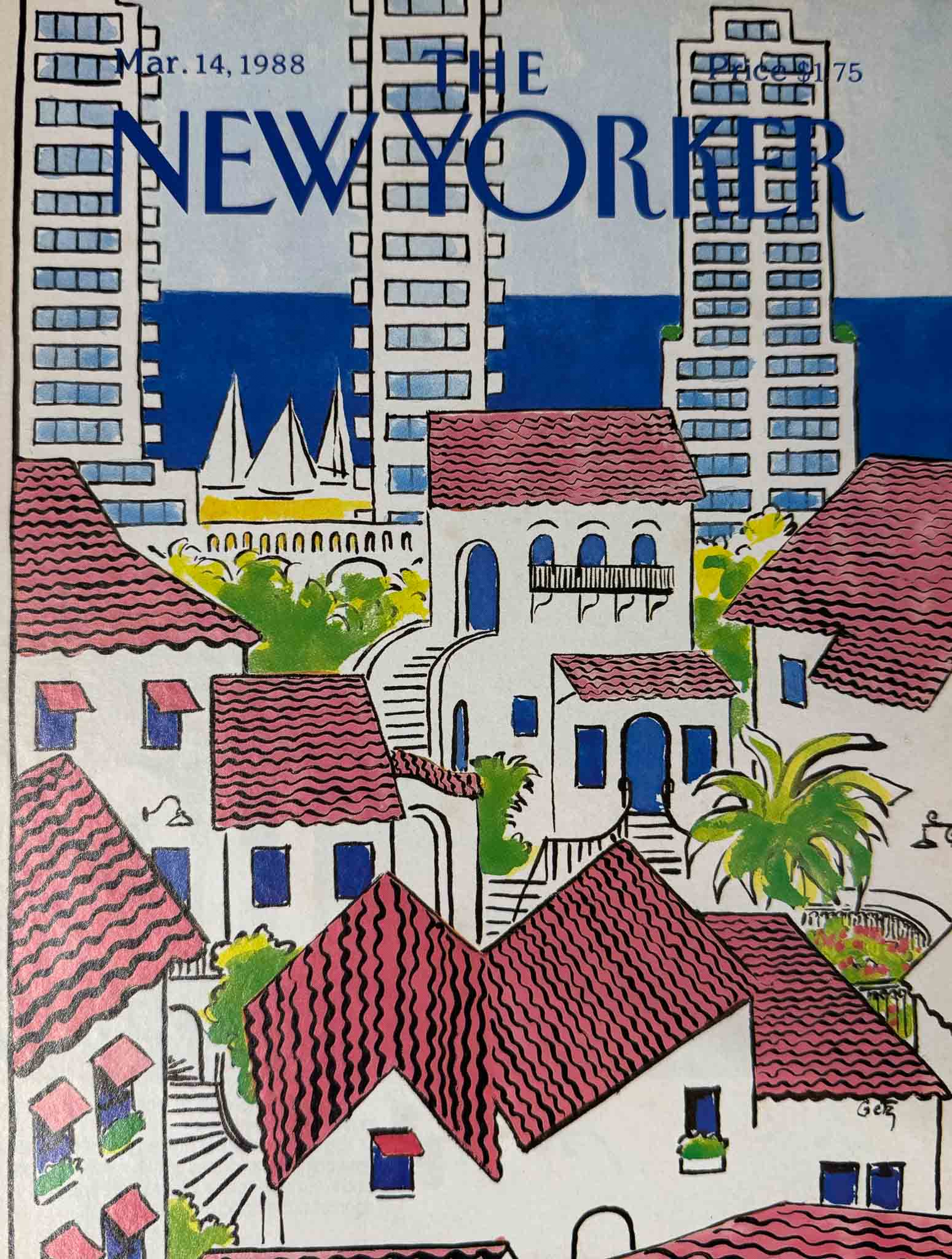 Affiche The New Yorker - Couverture du 14 mars 1988. Illustration méditerranéenne d'Arthur Getz avec toits rouges, mer et voiliers.