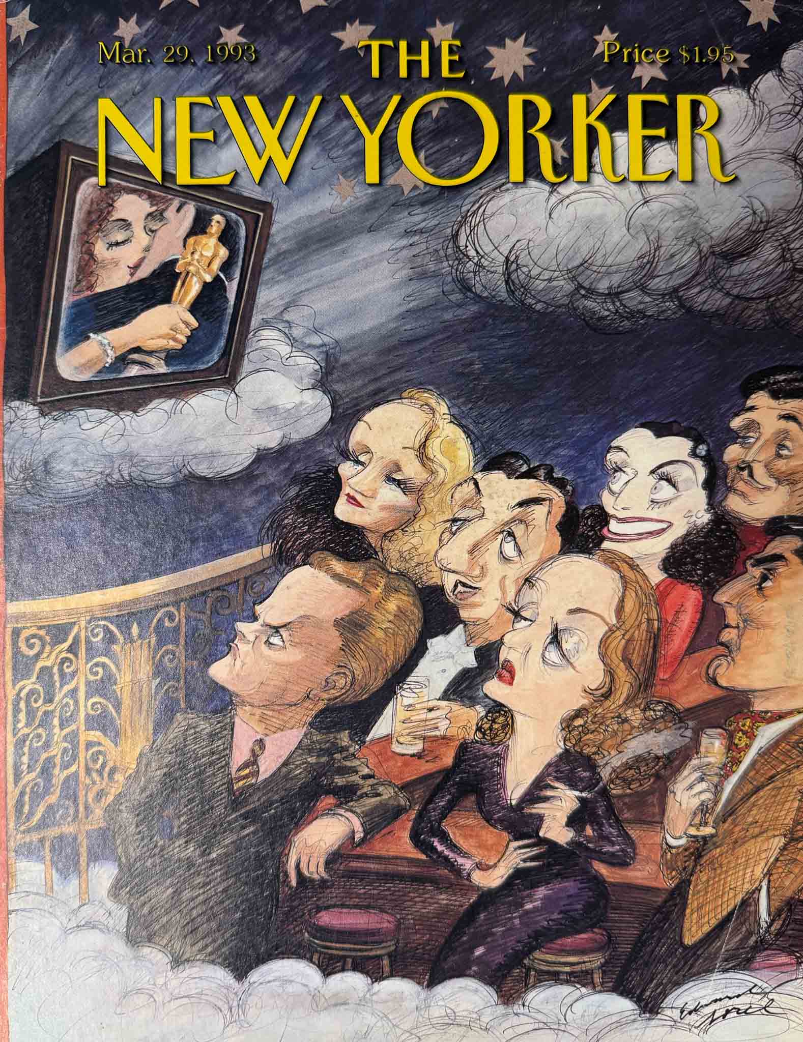 Affiche The New Yorker - Couverture de mars 1993 par Edward Sorel. Illustration satirique d'une remise de prix avec spectateurs caricaturés.