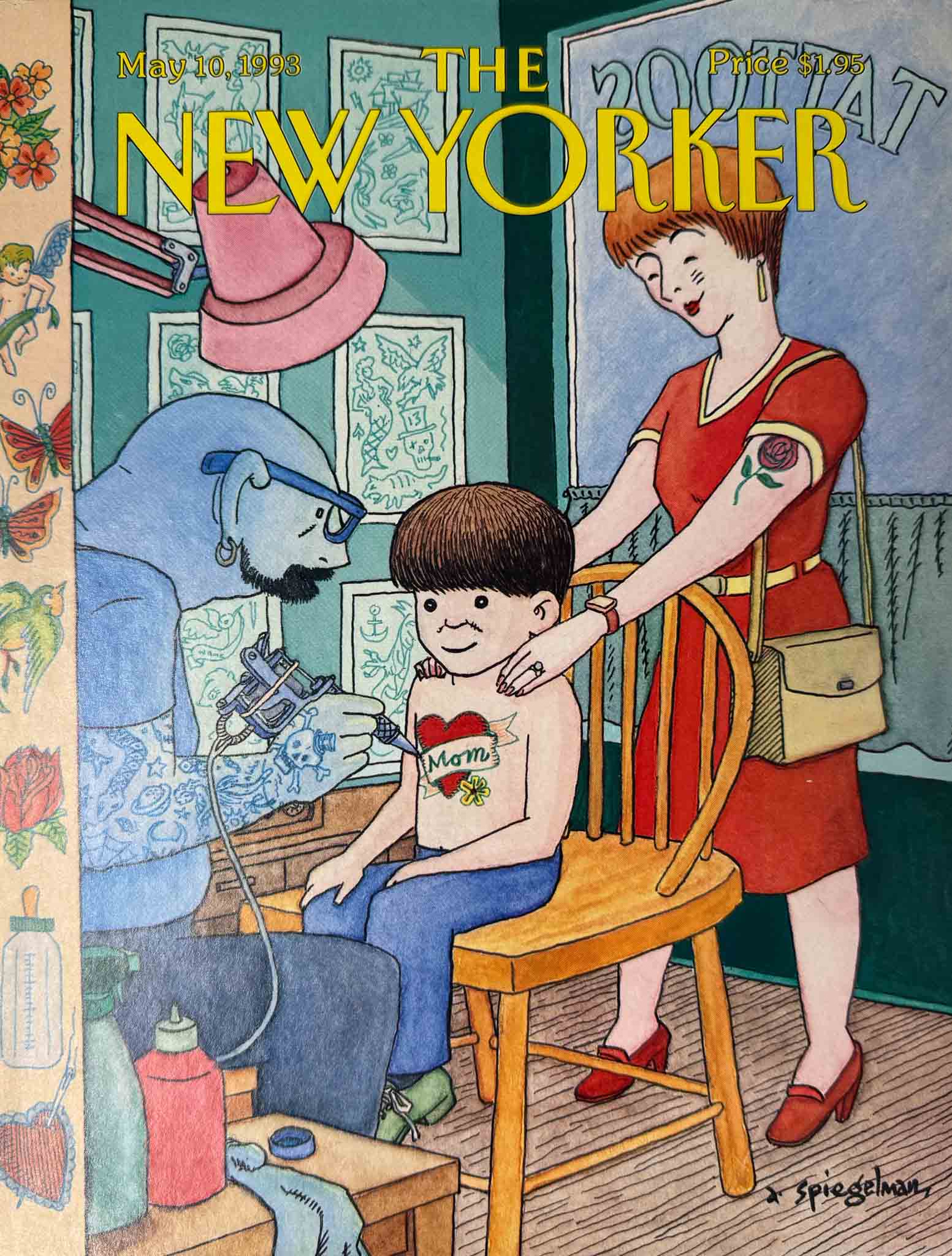 Affiche The New Yorker - 10 mai 1993 par Art Spiegelman. Illustration humoristique d'un garçon dans un salon de tatouage.