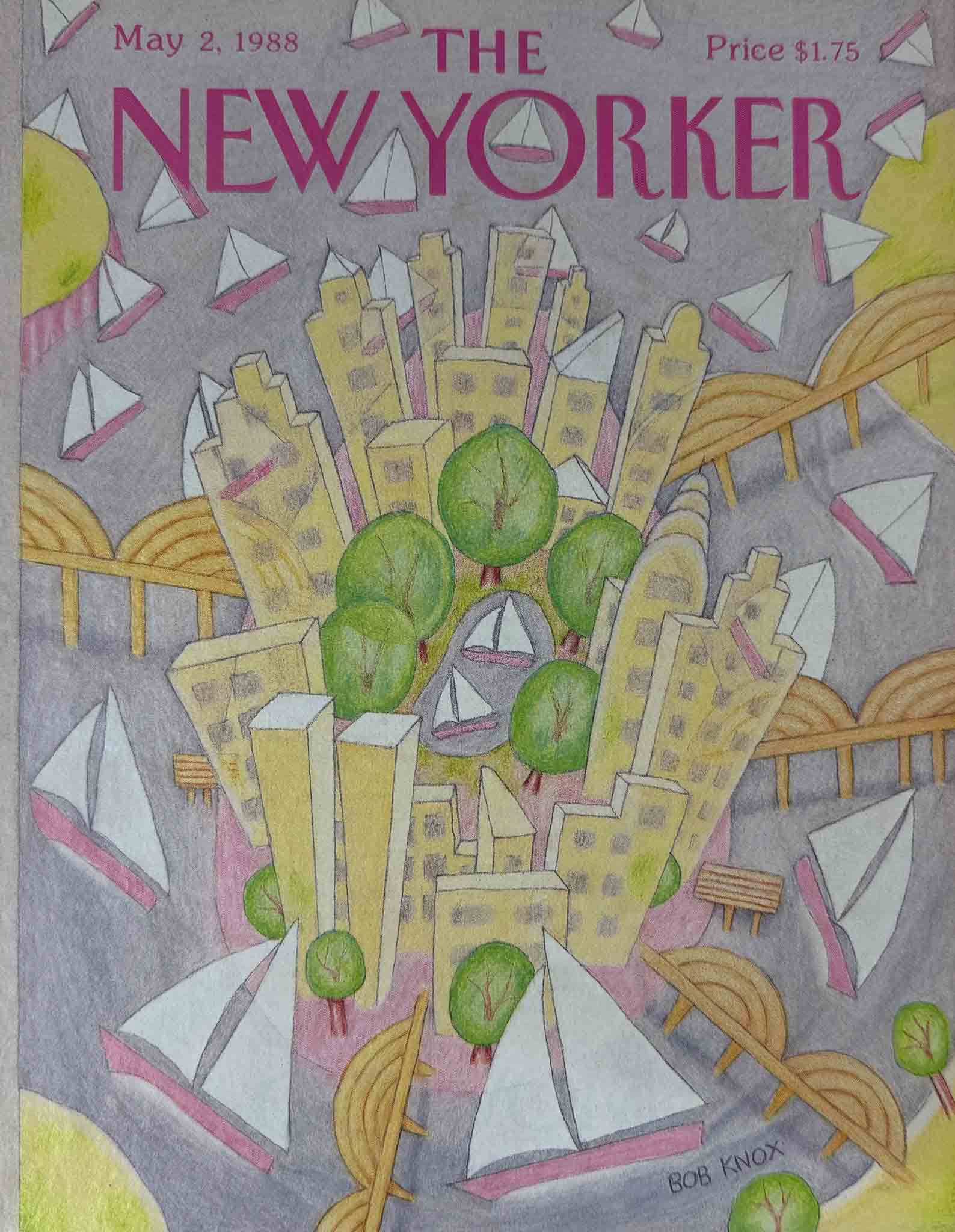 Affiche The New Yorker - 2 mai 1988 par Bob Knox. Illustration urbaine et nature en harmonie avec voiliers et couleurs pastel.