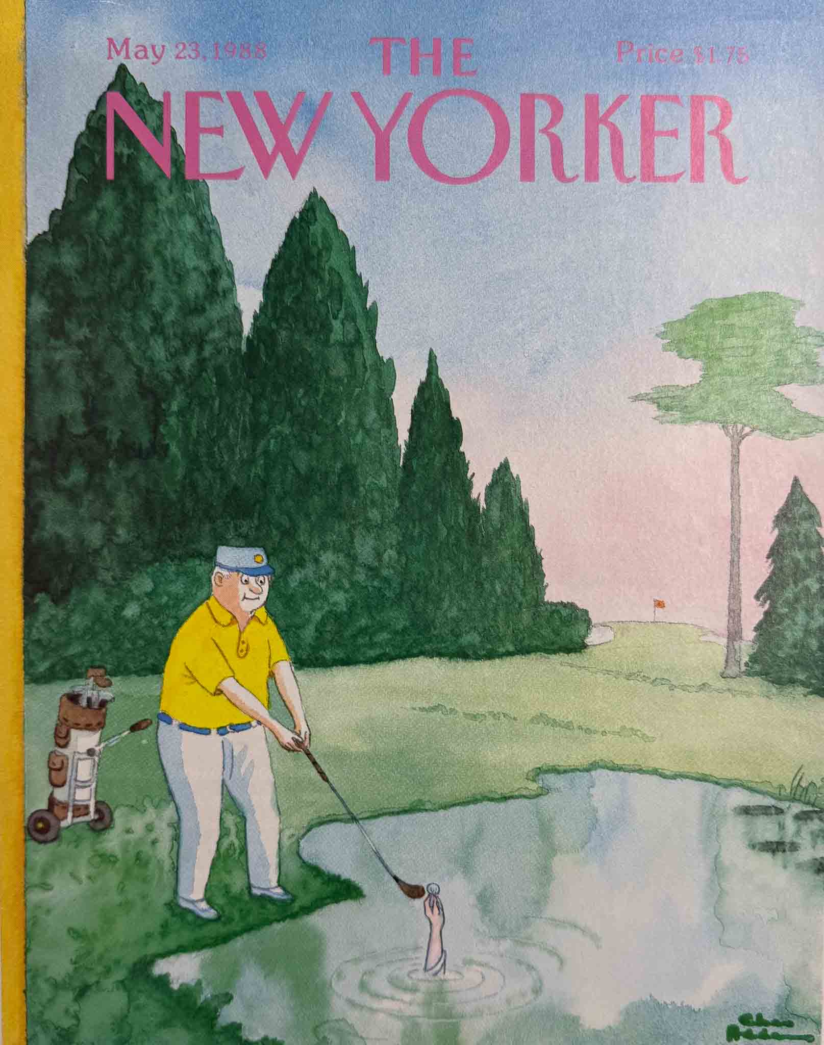 Affiche The New Yorker - 23 mai 1988 par Chas Addams. Illustration humoristique d’un golfeur et d’une scène décalée au bord d’un étang.