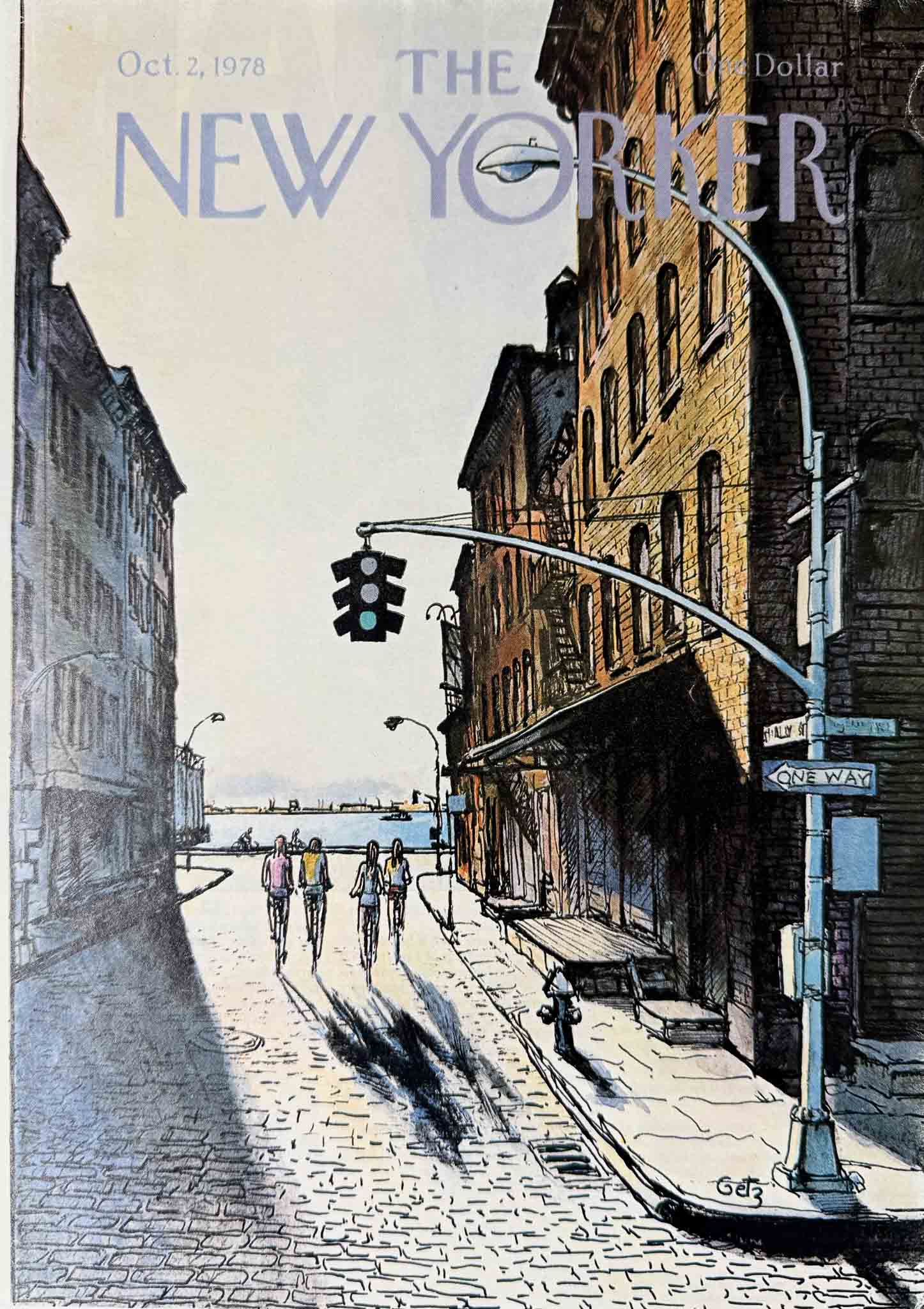 Affiche The New Yorker - 2 octobre 1978 par Arthur Getz. Rue pavée de New York avec cyclistes et lumière du matin.