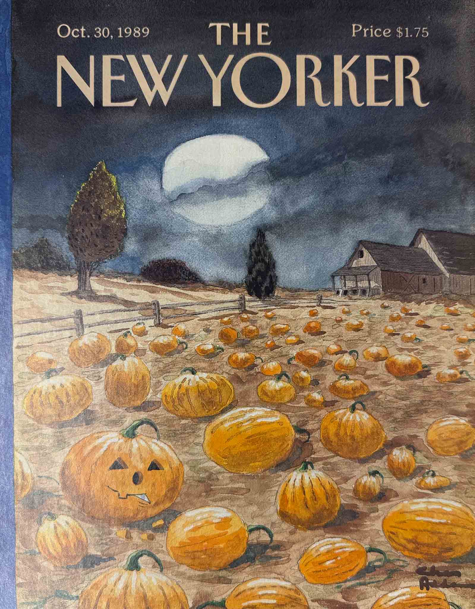 Affiche The New Yorker - 30 octobre 1989 par Chas Addams, citrouilles d'Halloween sous la lumière de la pleine lune.