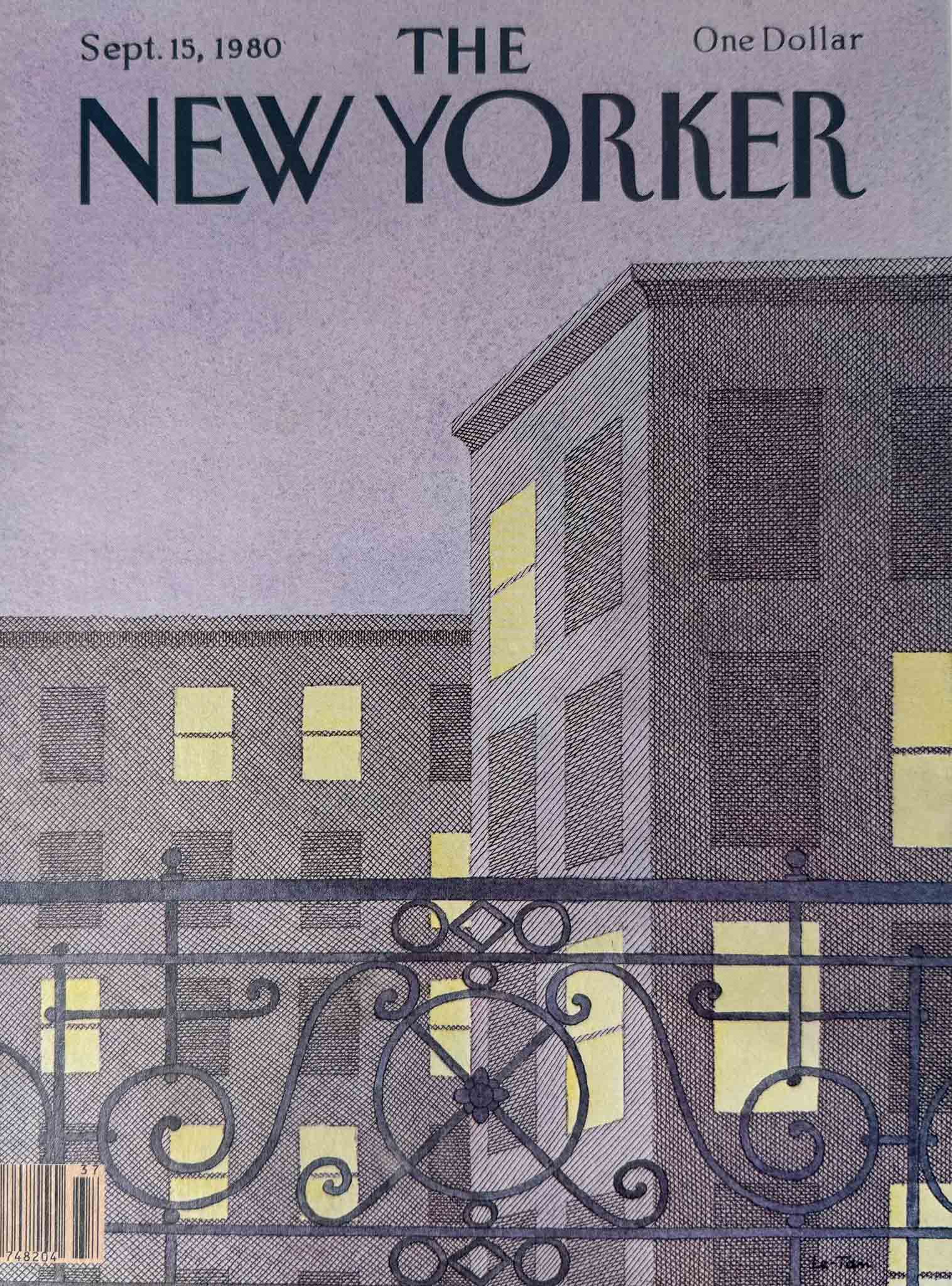 Affiche The New Yorker - 15 septembre 1980, par Le Tam. Scène urbaine nocturne avec immeubles et fenêtres éclairées.