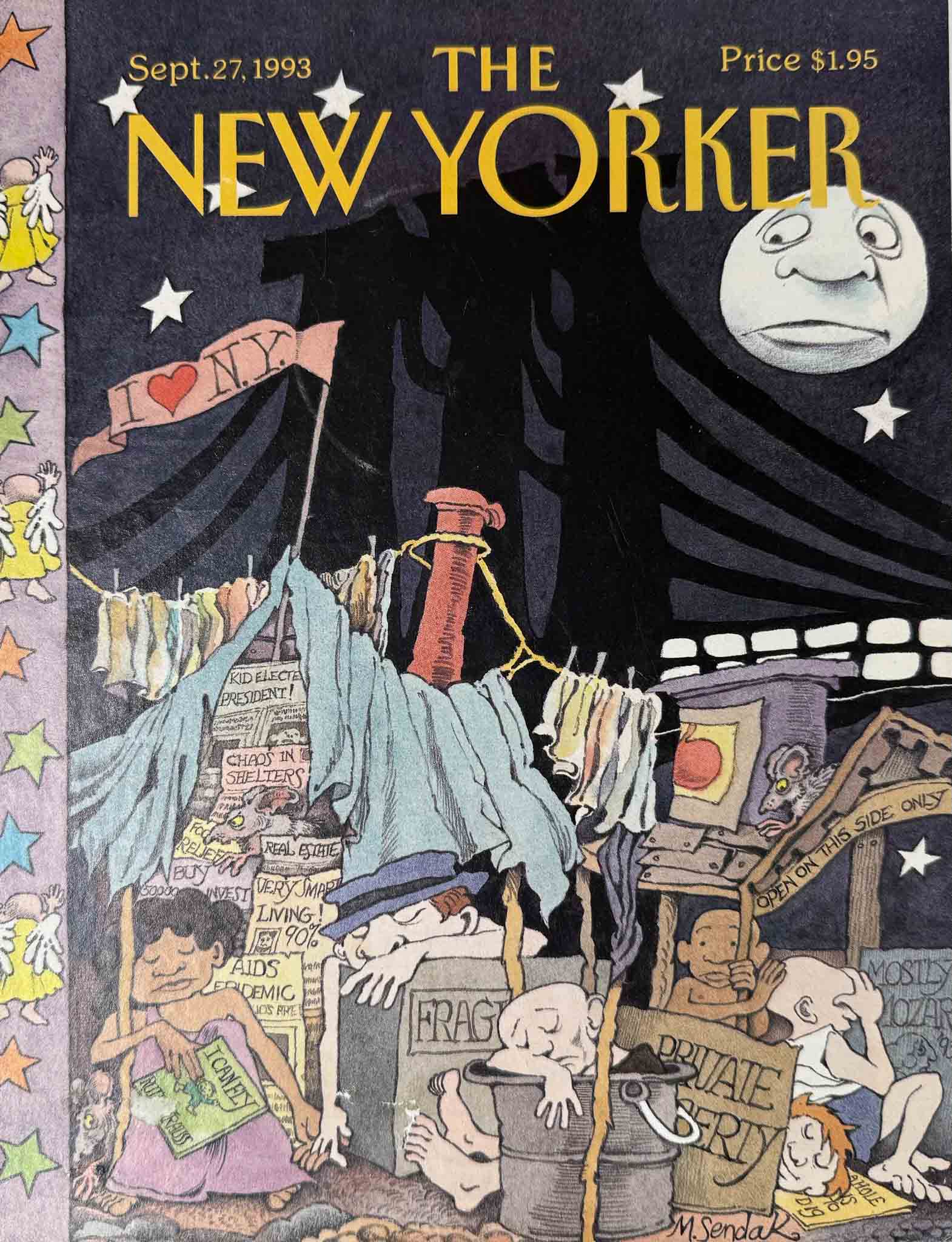 Affiche The New Yorker - 27 septembre 1993, par Maurice Sendak. Illustration critique des contrastes urbains à New York.