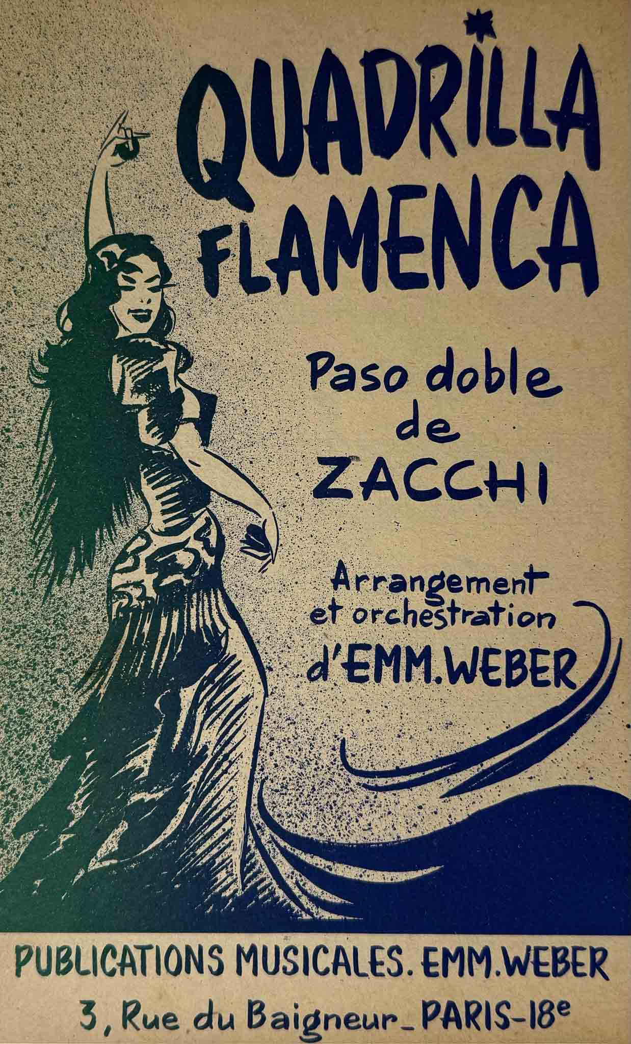 Affiche vintage Quadrilla Flamenca pour le Paso Doble de Zacchi, illustrée d’une danseuse flamenca.