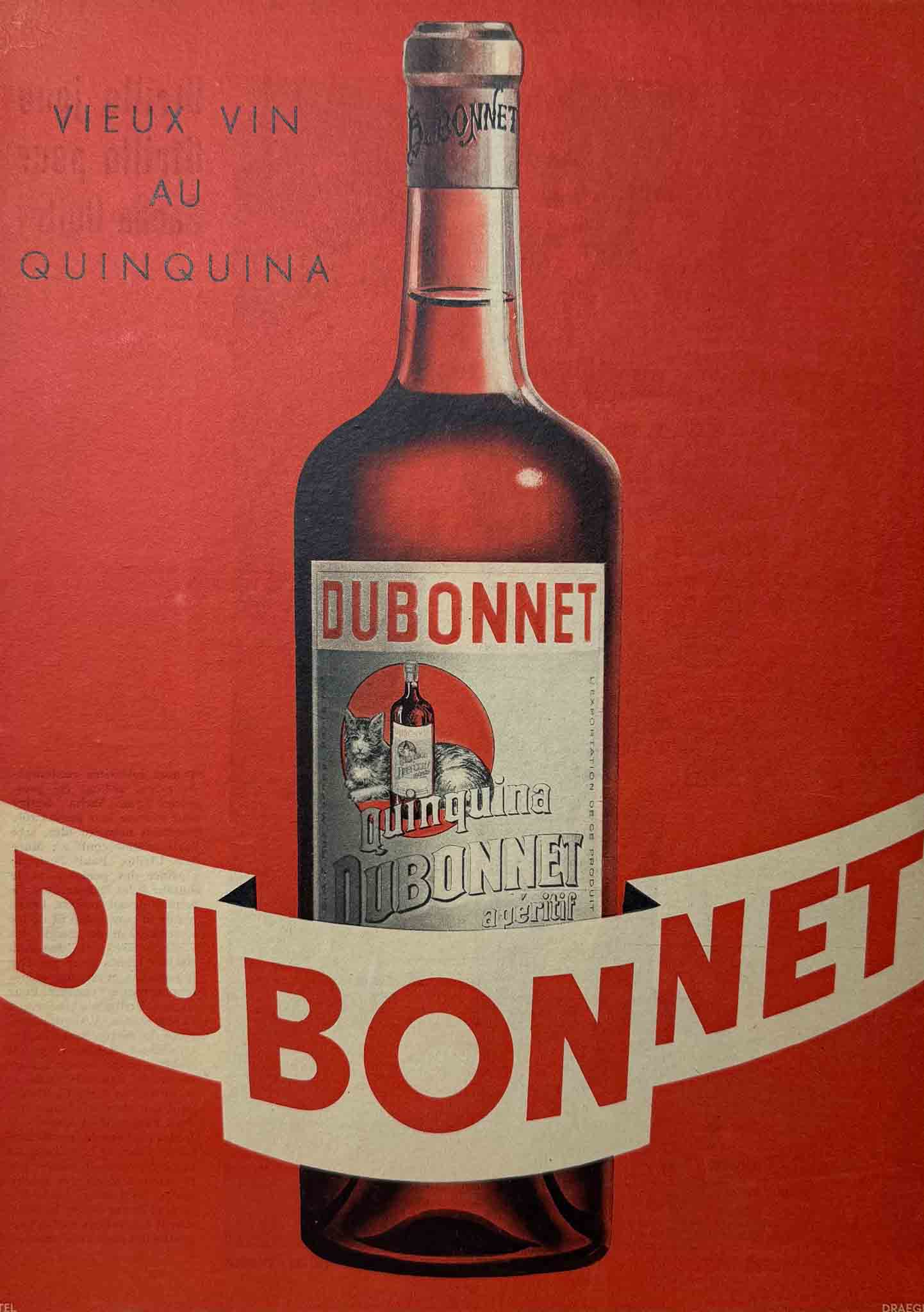 Affiche publicitaire Dubonnet, vieux vin au quinquina, fond rouge avec bouteille et étiquette vintage illustrée.