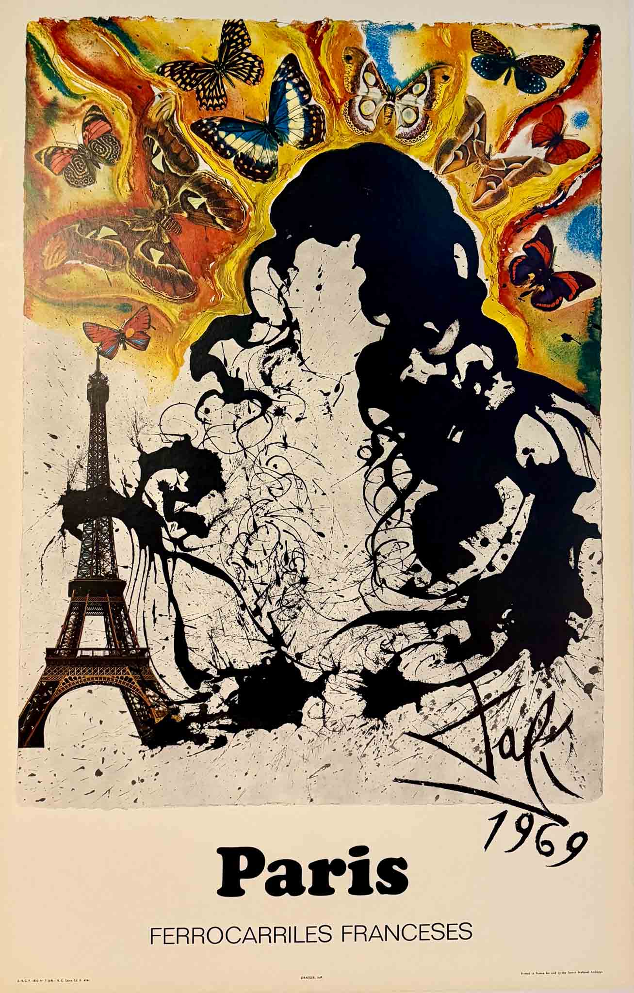 Affiche SNCF Paris (1970) par Salvador Dalí, montrant la Tour Eiffel et des papillons dans un style surréaliste vibrant.