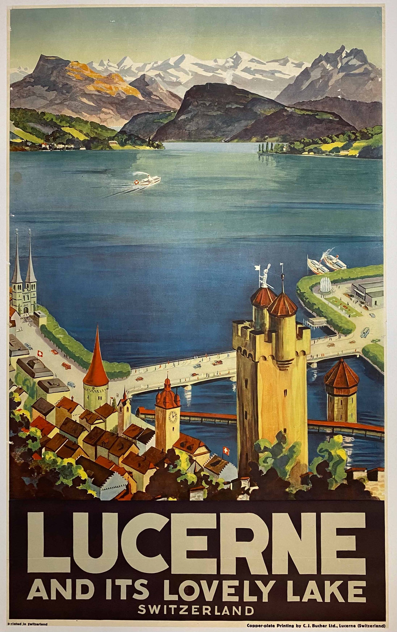 Affiche Originale Lucerne and its lovely lake     Par Läubli Walter, 1930