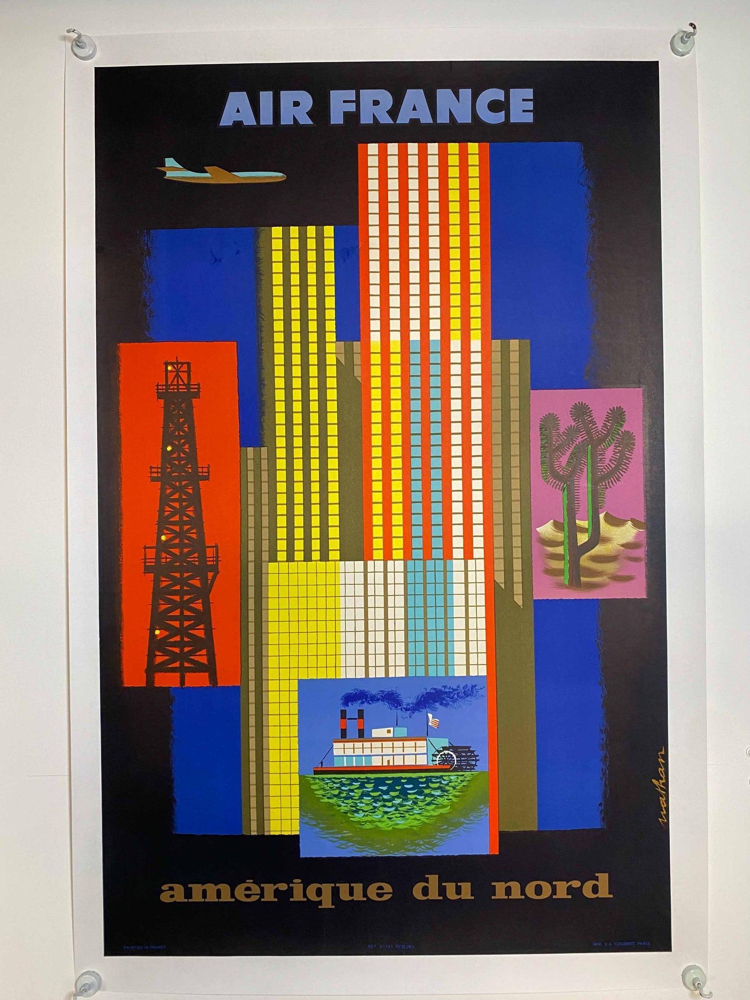 Affiche Originale Air France Amérique du Nord    Par Jacques Nathan, 1962