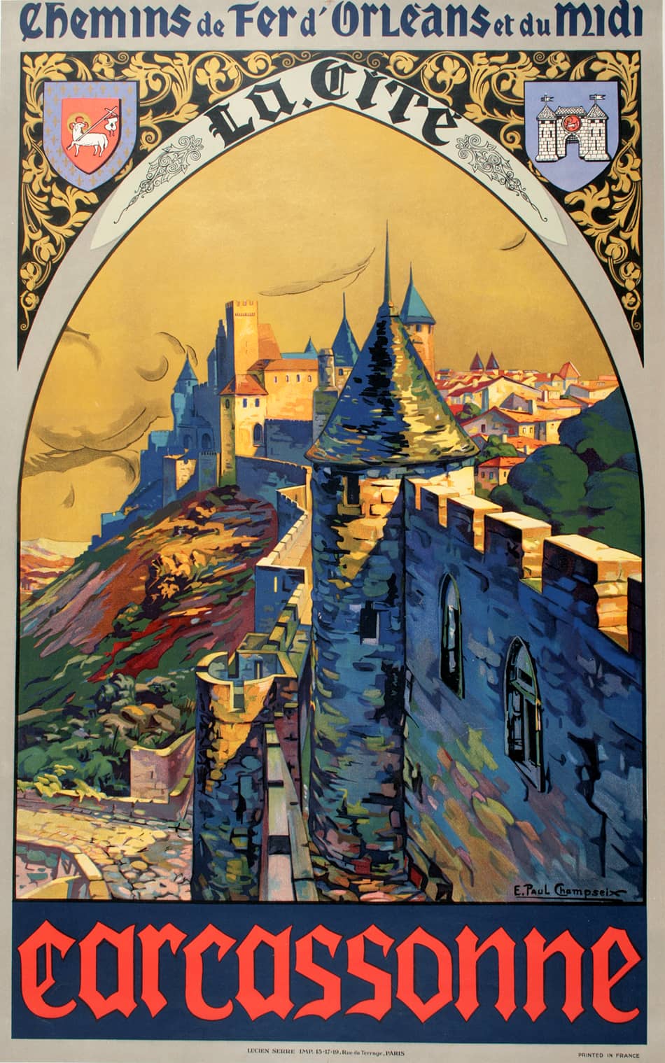 Affiche Originale Chemin de Fer Carcassonne - Paul Champseix 1919