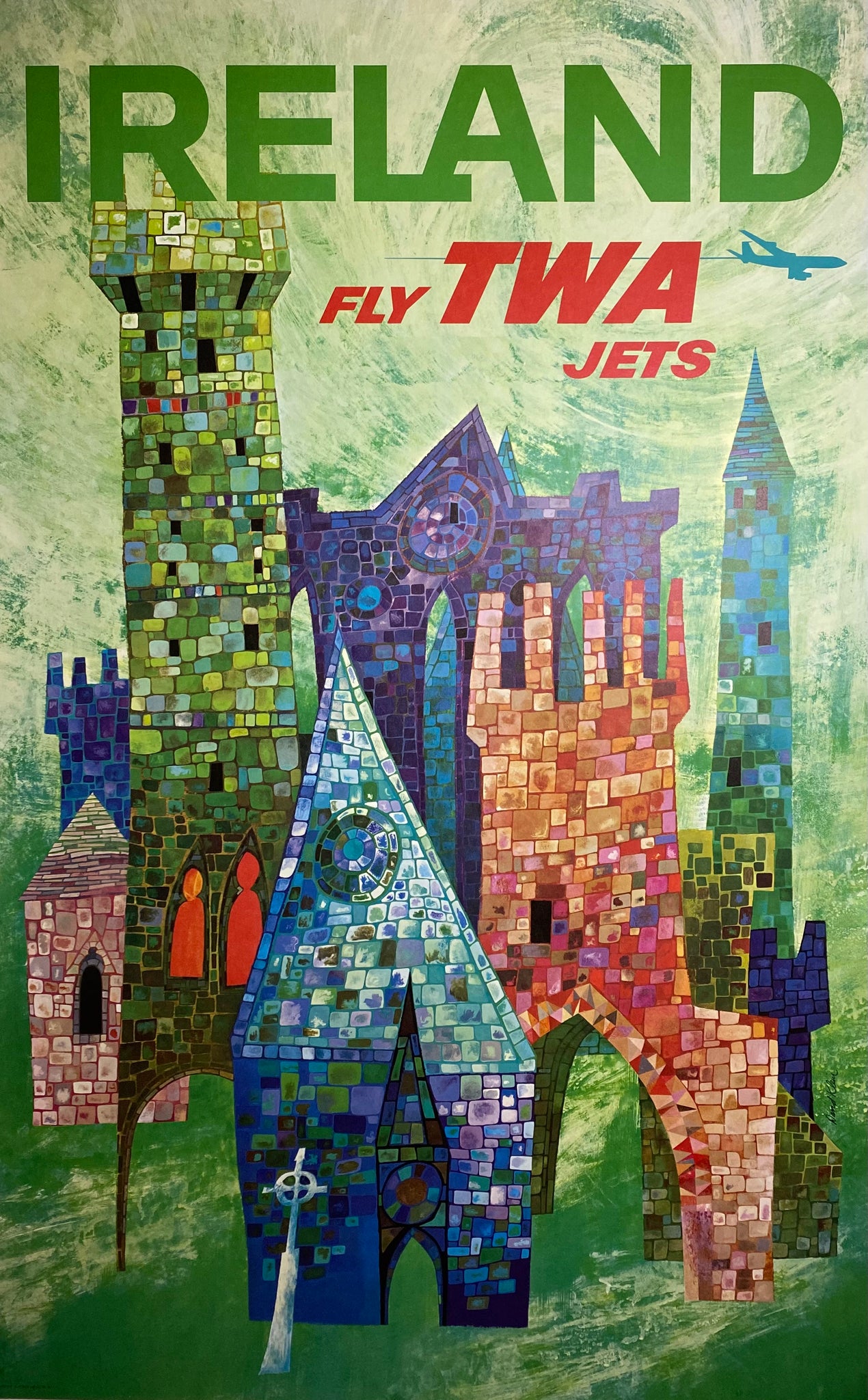 Affiche Originale Ireland , Fly TWA jets Par David Klein, 1964