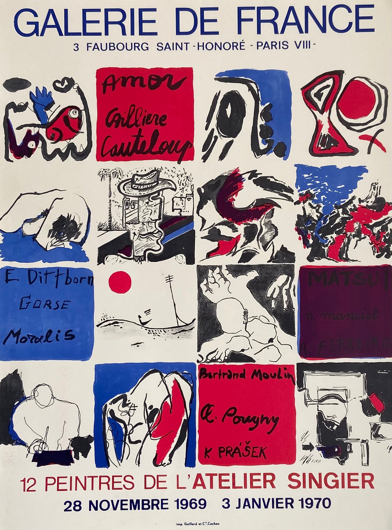 Affiche galerie de France    par les 12 Peintres de l'Atelier Singier, 1970