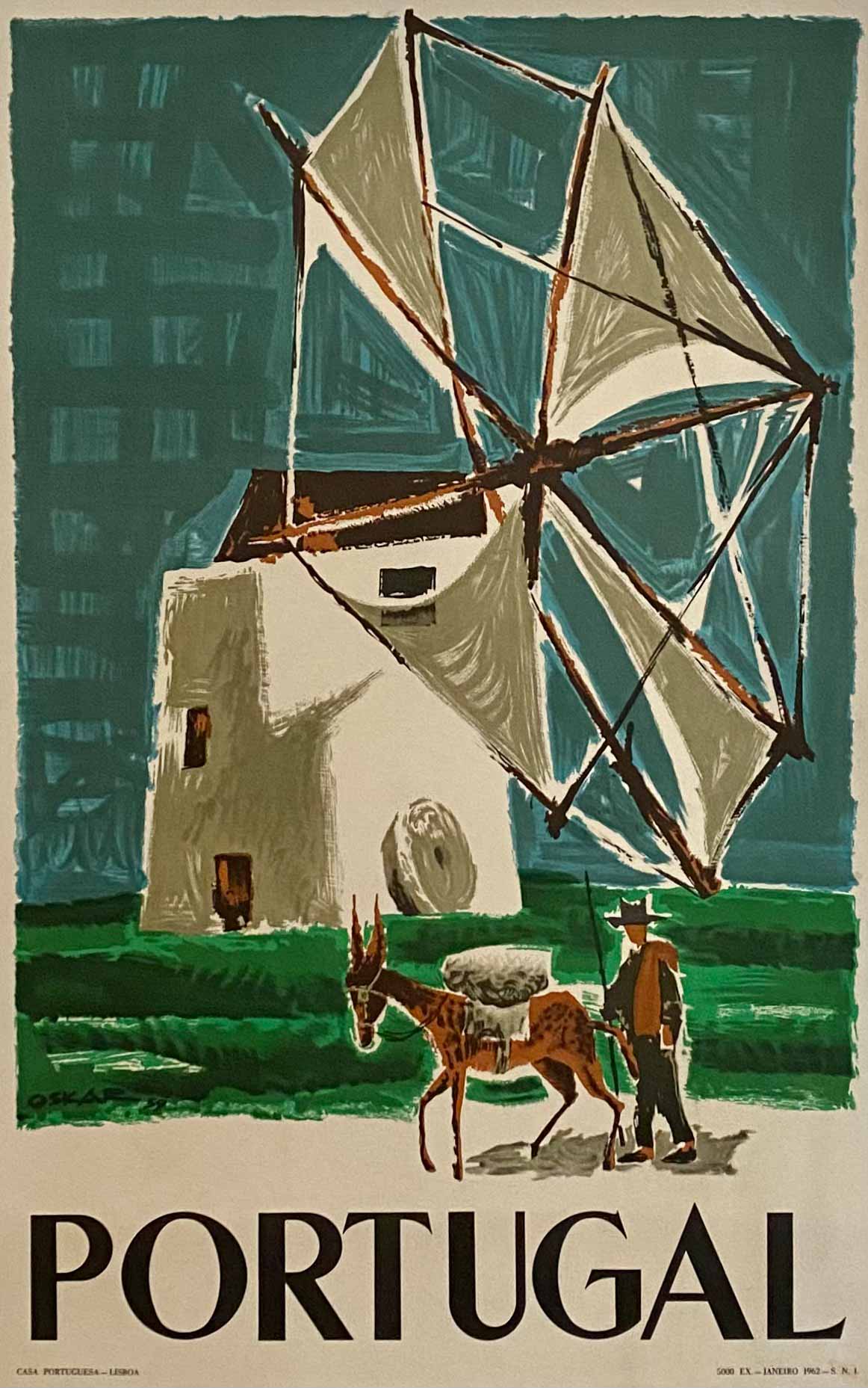 Affiche Originale Tourisme Portugal Moulin par Oskar, 1962