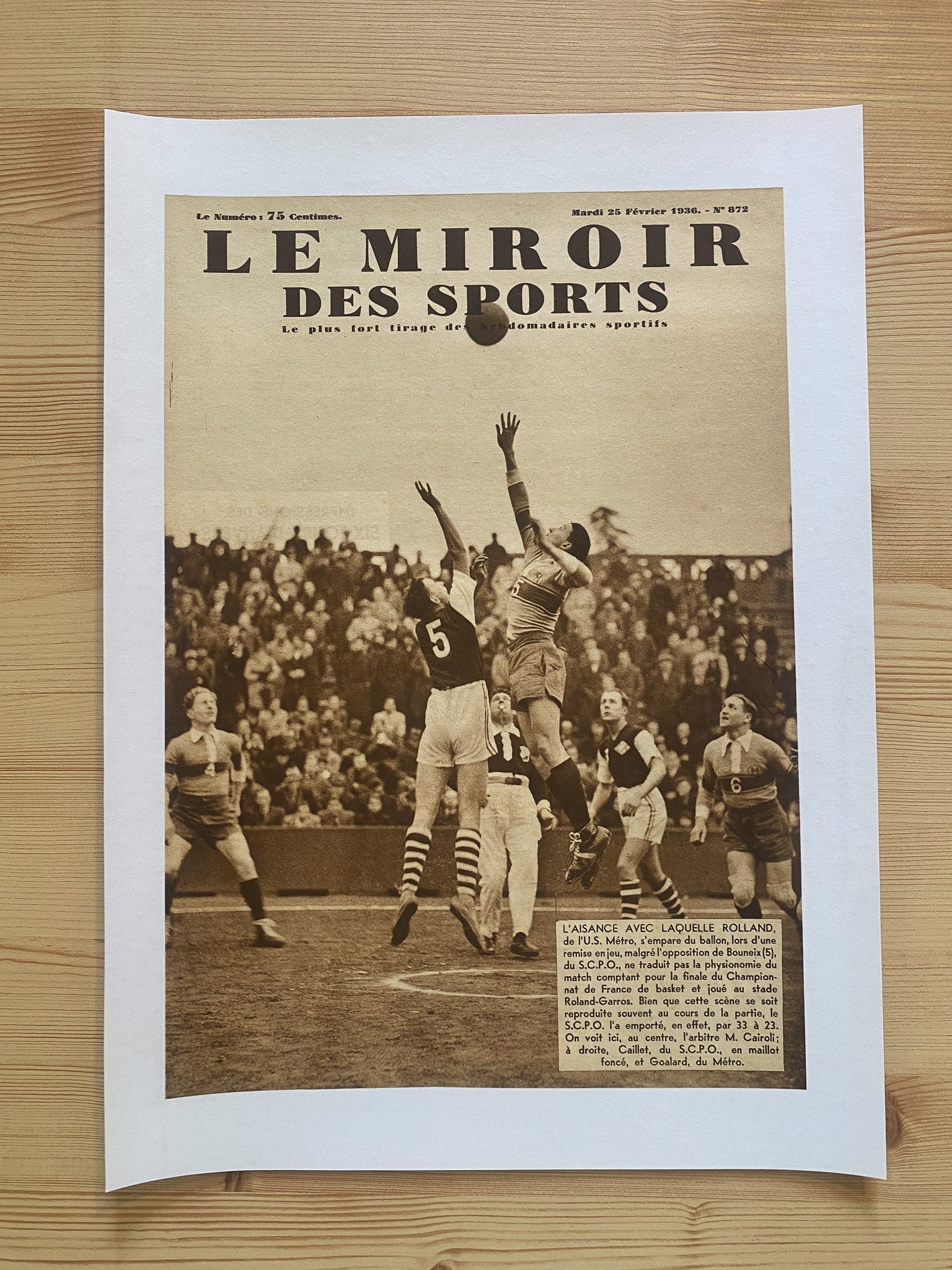 Affiche Le Miroir des Sports  - Finale Championnat de France de Basket  - Février 1936 n°872