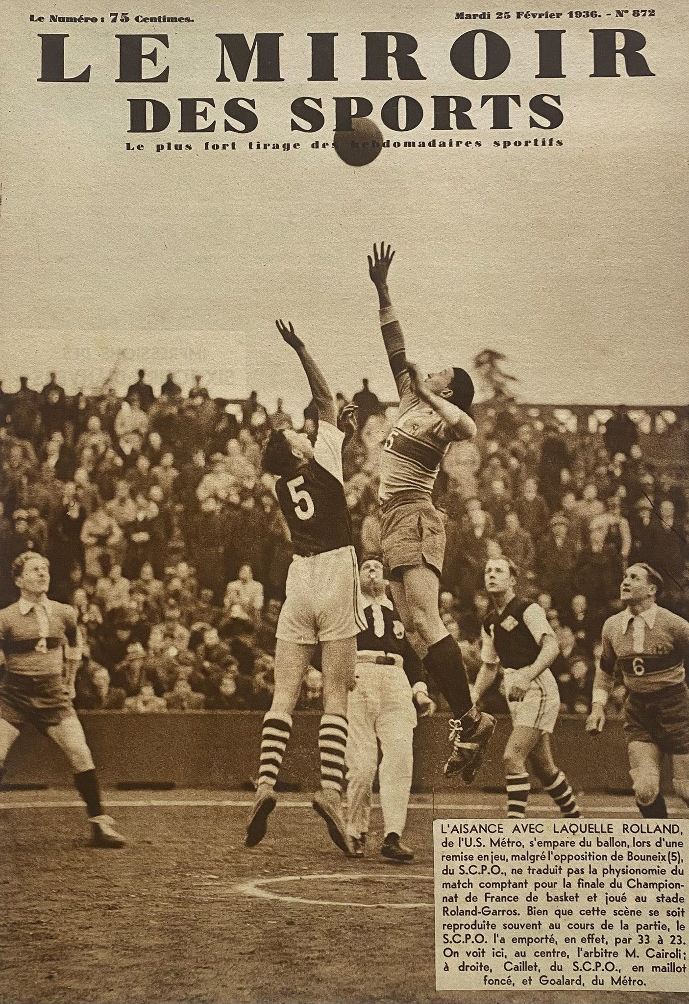 Affiche Le Miroir des Sports  - Finale Championnat de France de Basket  - Février 1936 n°872