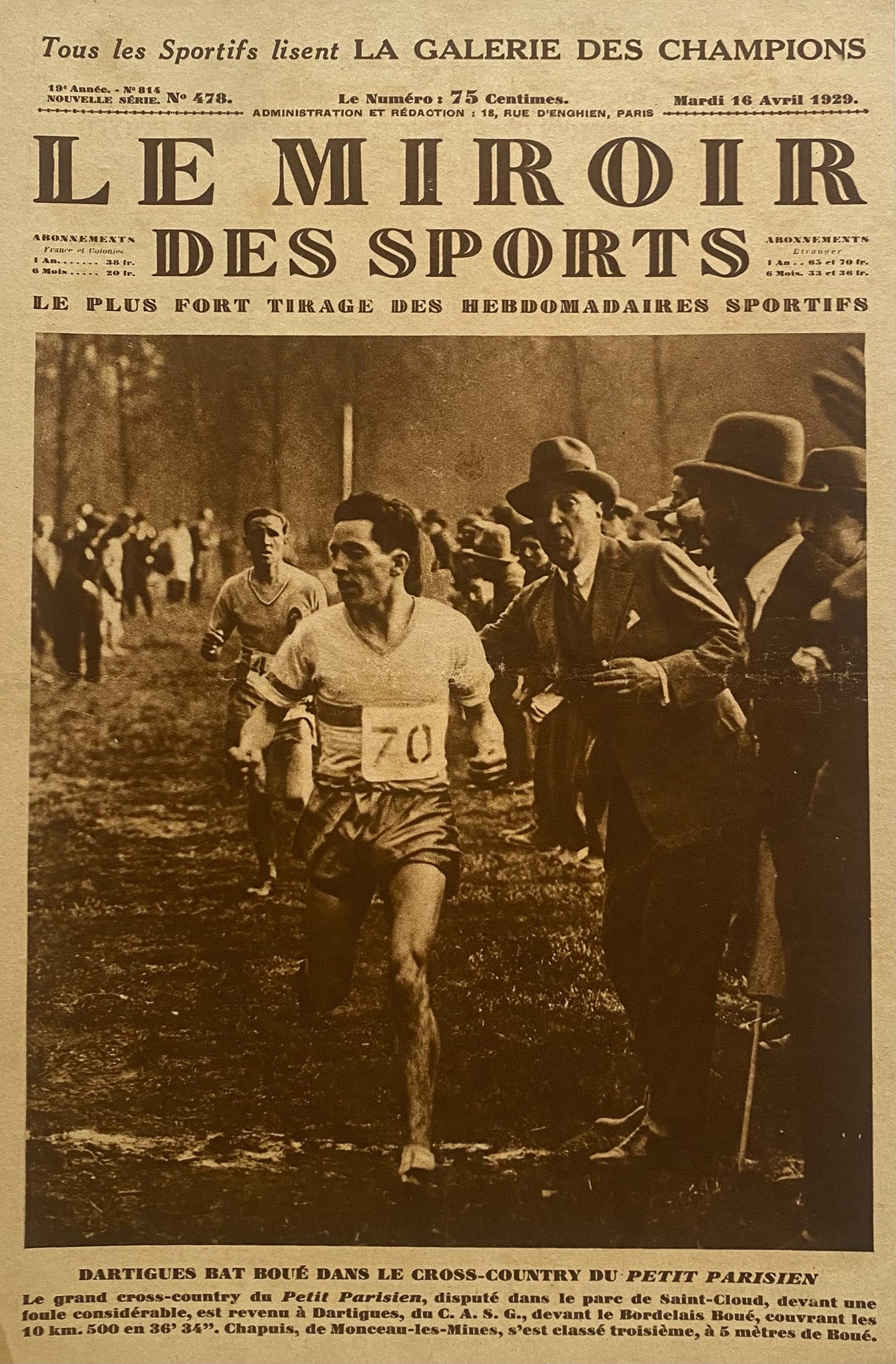 Affiche Le Miroir des Sports  - Cross-Country du Petit Parisien  - Avril 1929 n°478