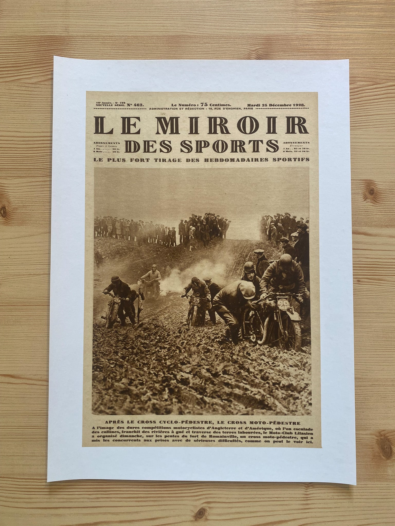 Affiche Le Miroir des Sports  - Cross Moto Pédestre  - 25 Décembre 1928 n°462 