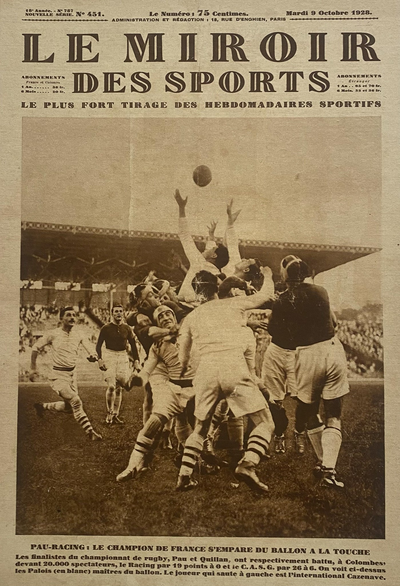 Affiche Le Miroir des Sports  - Finale Championnat de France de Rugby (Pau-Racing)  - Mardi 9 Octobre 1928 N°451