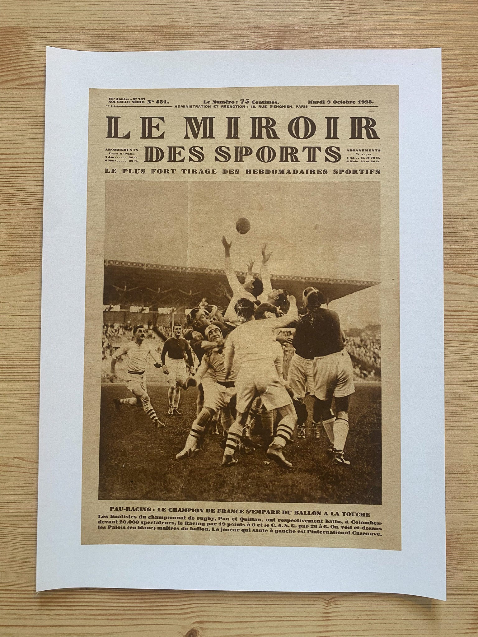 Affiche Le Miroir des Sports  - Finale Championnat de France de Rugby (Pau-Racing)  - Mardi 9 Octobre 1928 N°451 