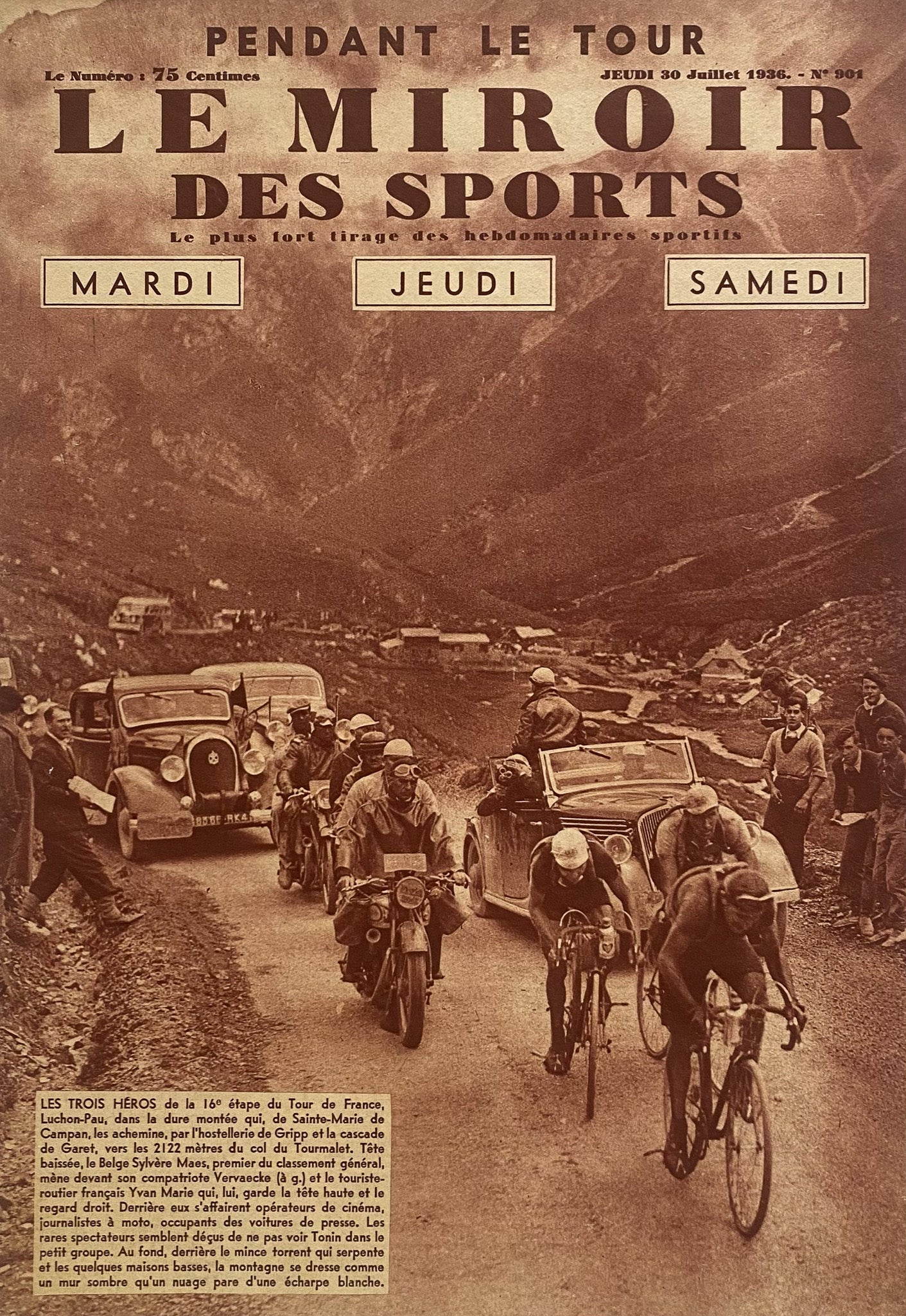 Affiche Le Miroir des Sports  - Cyclisme Etape du  Tour de France  - Jeudi 30 Juillet 1936 N°901