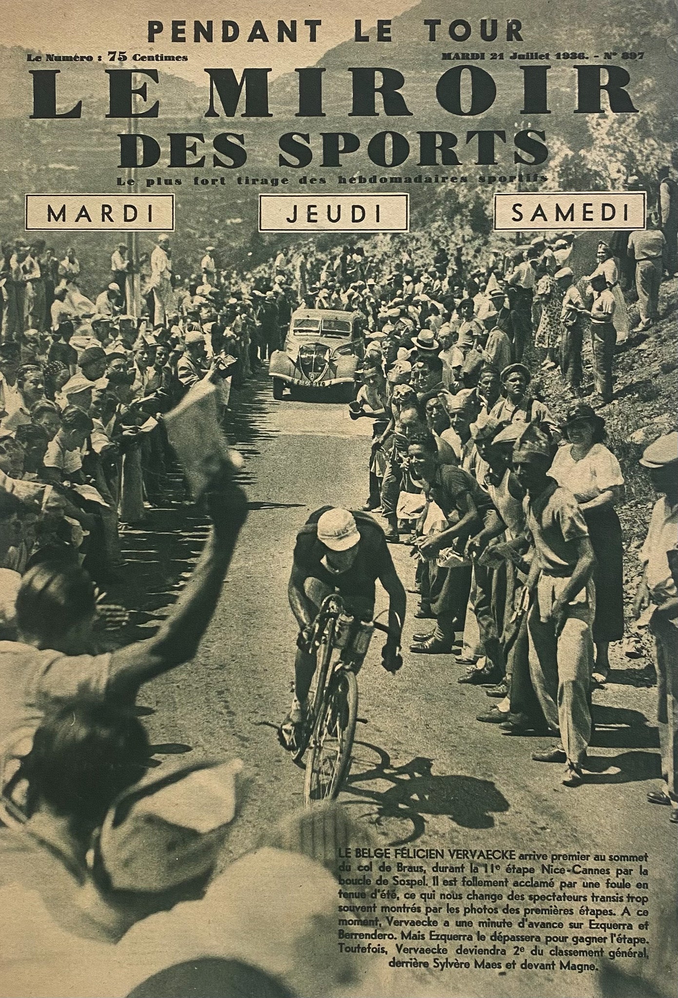 Affiche Le Miroir des Sports  - Cyclisme Etape du Tour de France  - Jeudi 21 Juillet 1936 N°897