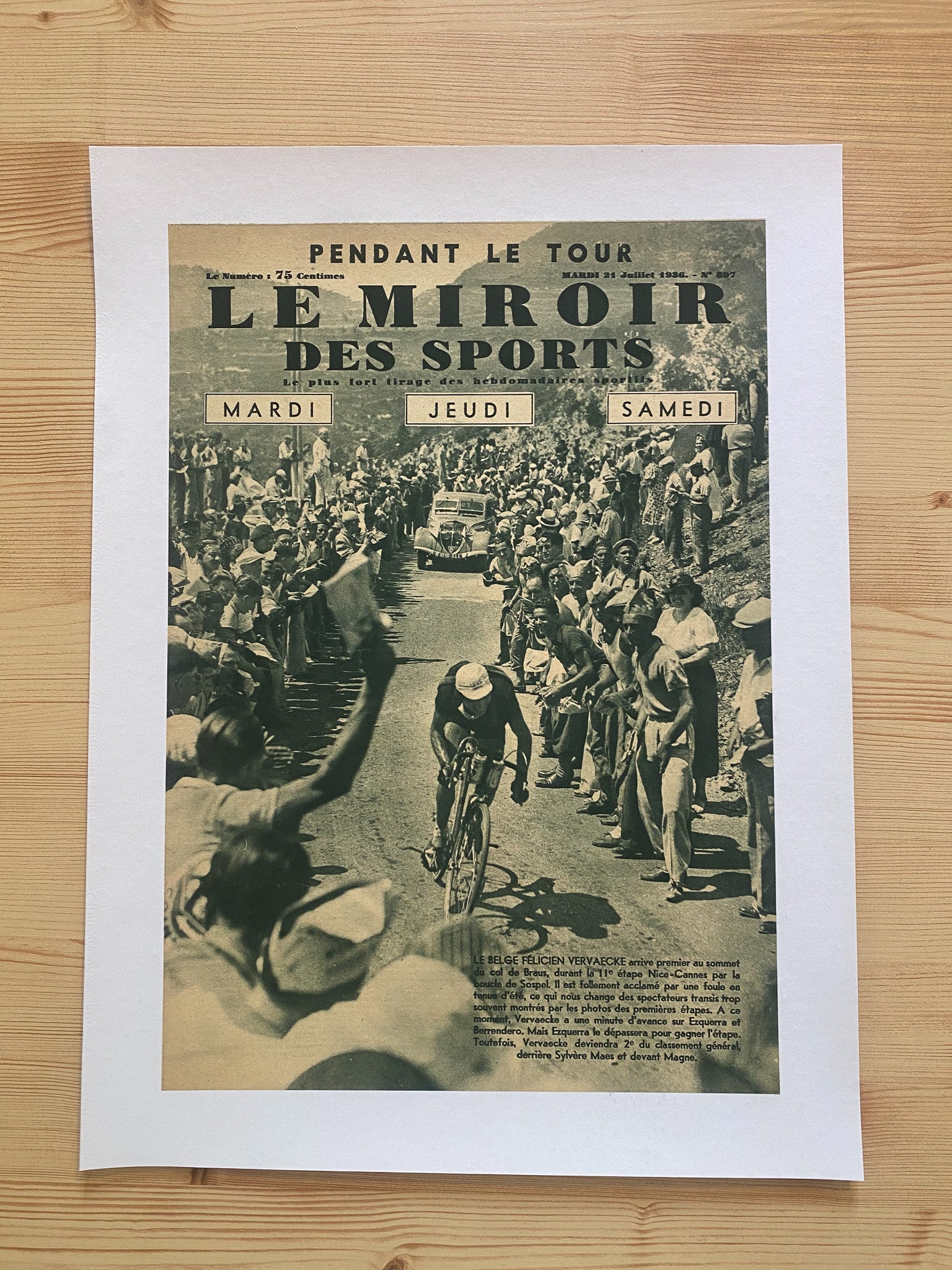 Affiche Le Miroir des Sports  - Cyclisme Etape du Tour de France  - Jeudi 21 Juillet 1936 N°897