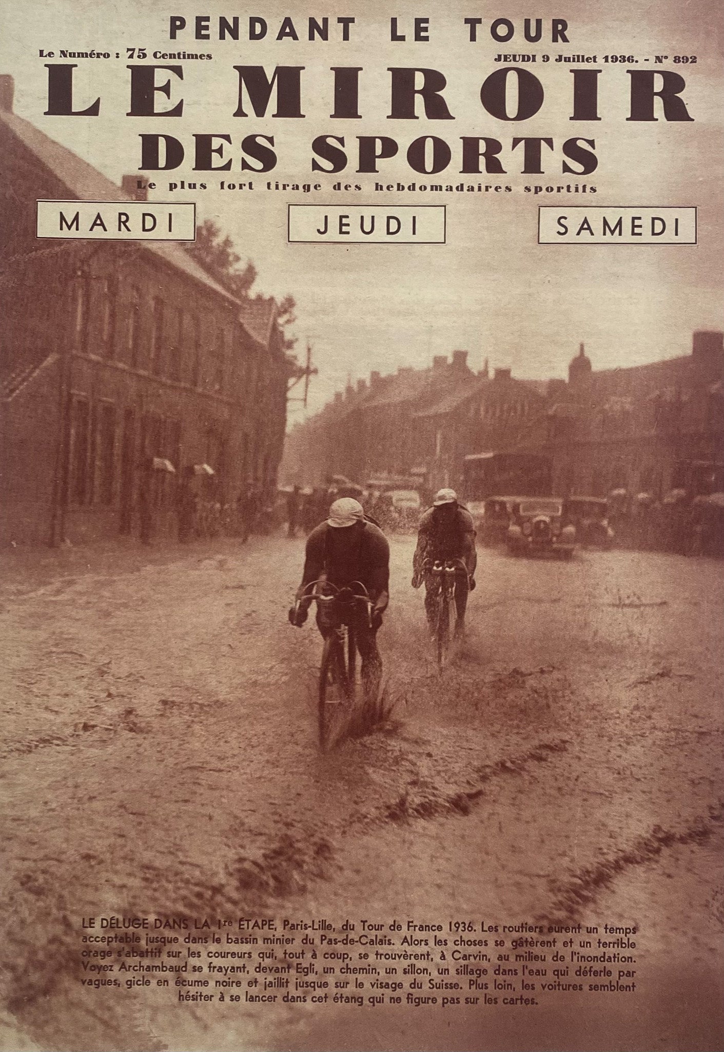 Affiche Le Miroir des Sports  -1er Etape Paris Lille Tour de France  - 9 Juillet 1936 N°892