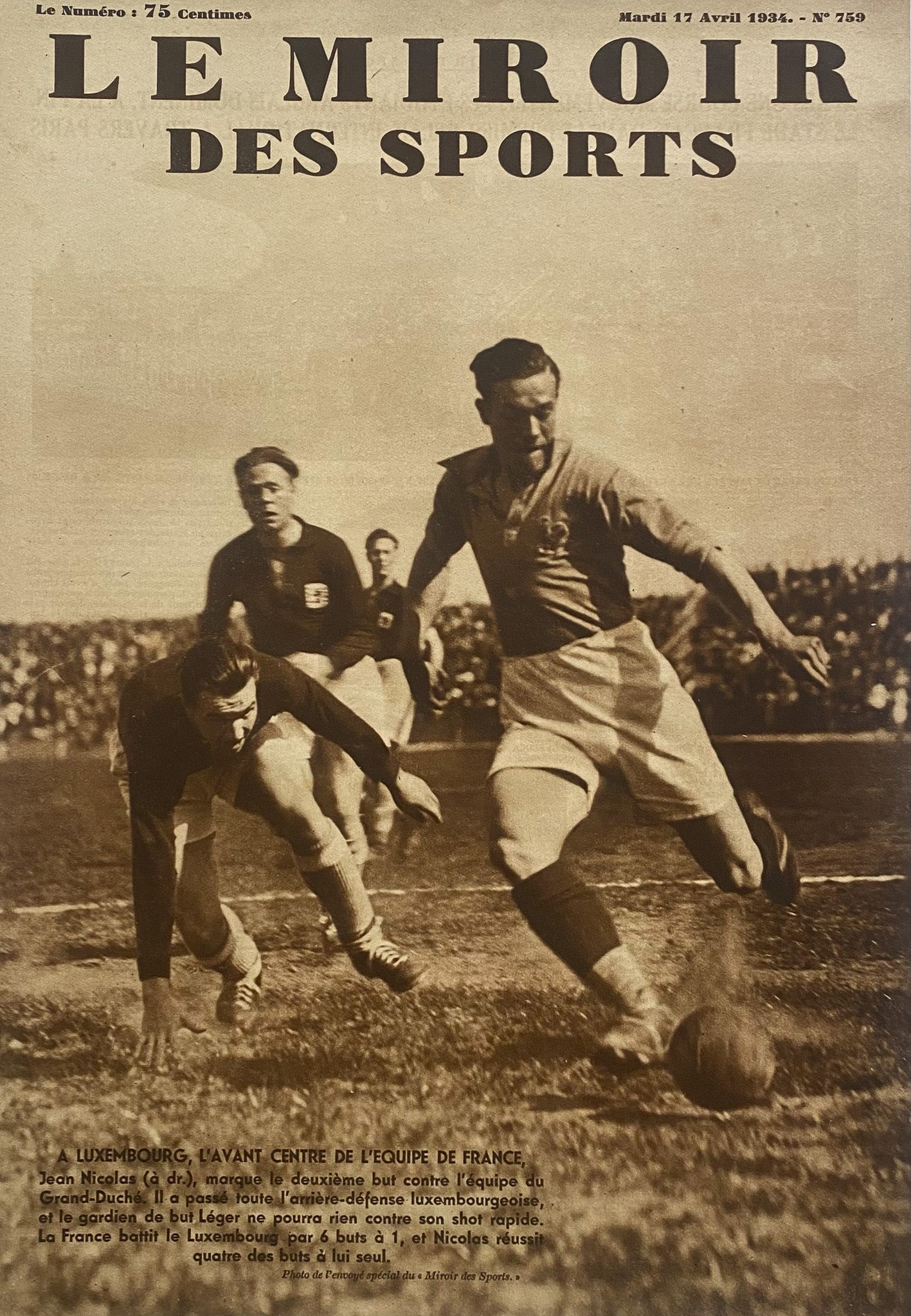 Affiche Le Miroir des Sports  - Football France Luxembourg - 17 Avril 1934 N°759