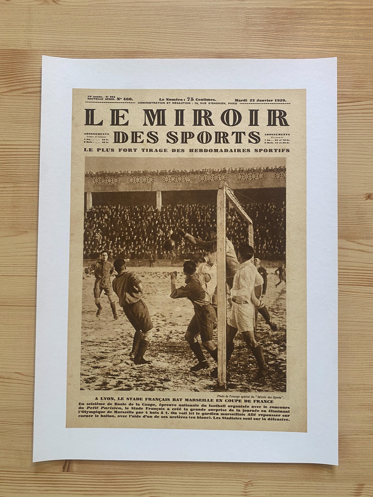 Affiche Le Miroir des Sports  - Football Coupe de France - 22 Janvier 1929 N°466