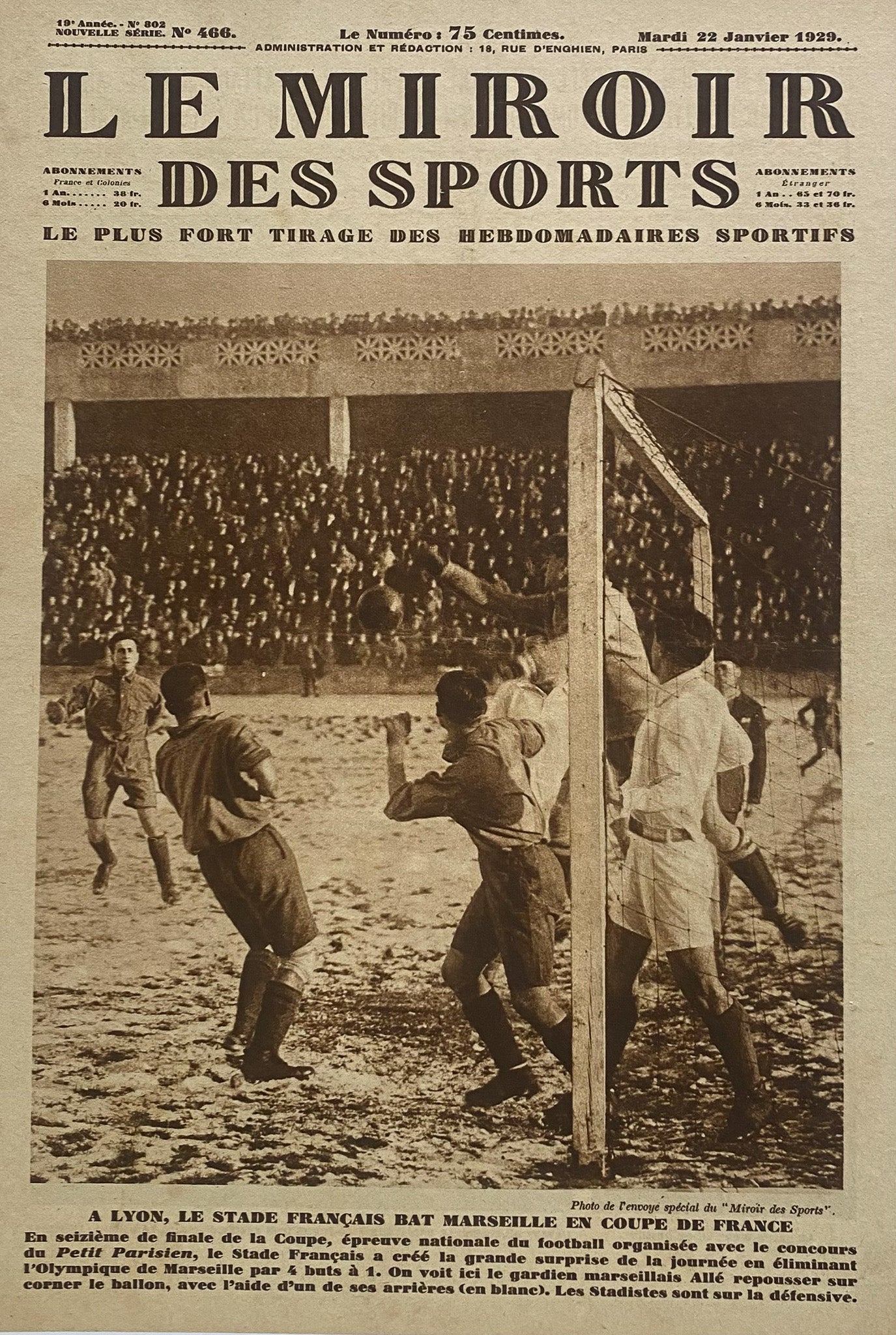 Affiche Le Miroir des Sports  - Football Coupe de France - 22 Janvier 1929 N°466