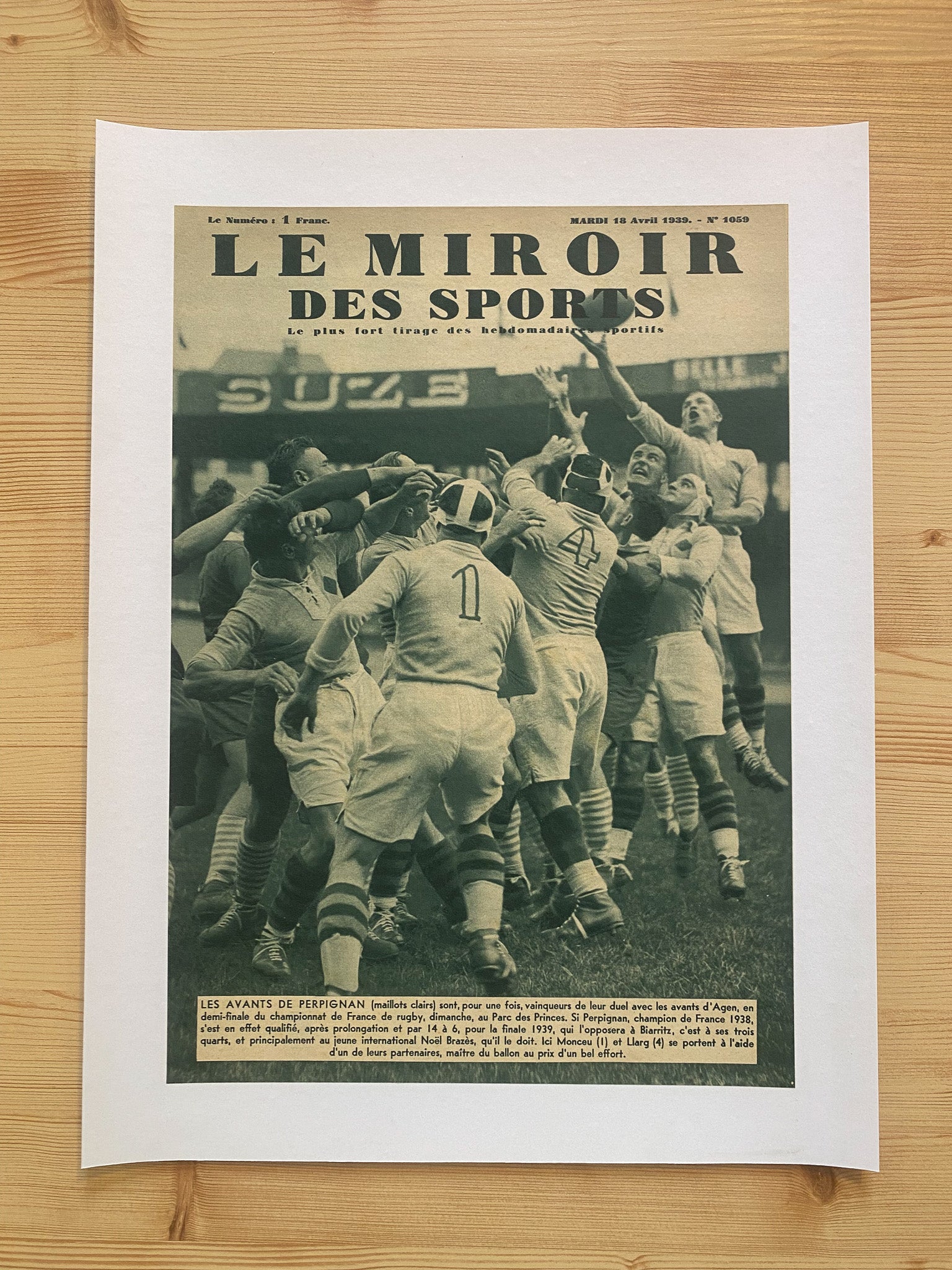 Affiche Le Miroir des Sports  - Championnat de France de Rugby - 18 Avril 1939 N°1059